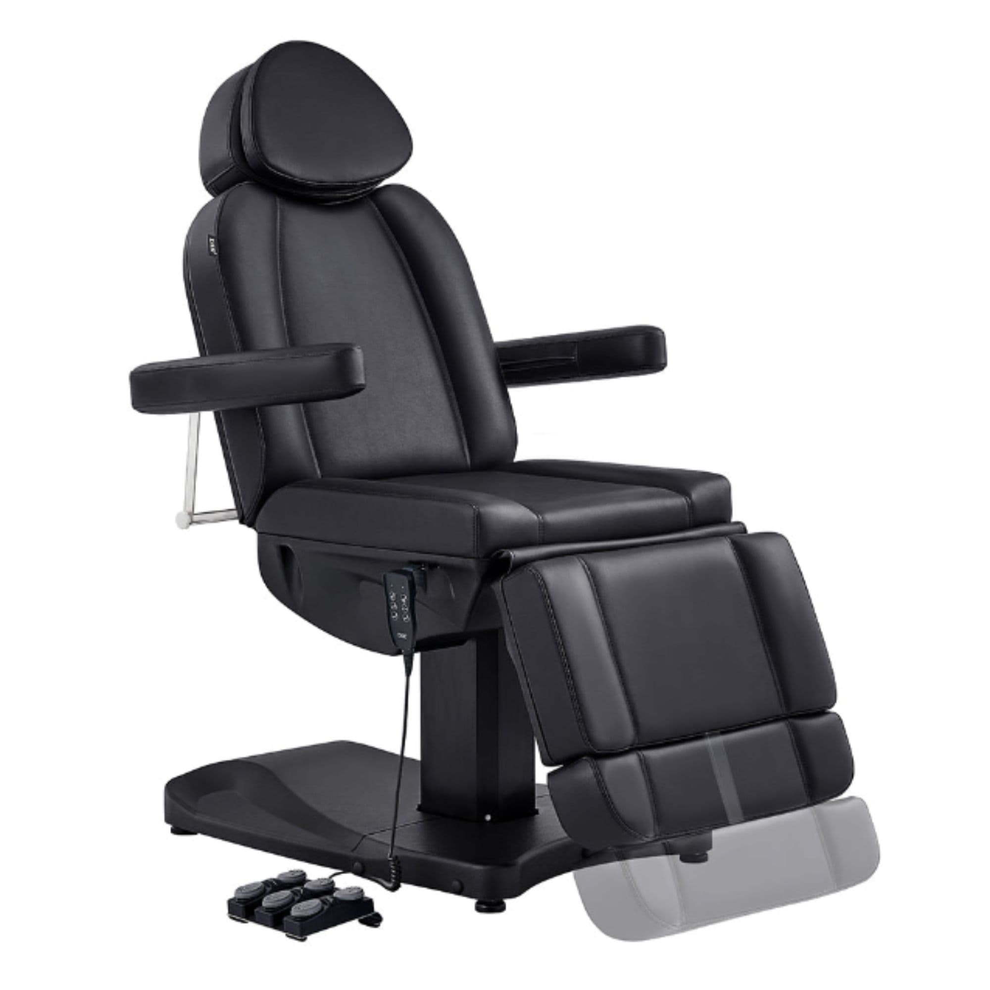 DIR Ink Triple-Motor Spa Treatment Chair Black Variant Front Angled View Demonstrating Leg Rest Extension Range On White Background