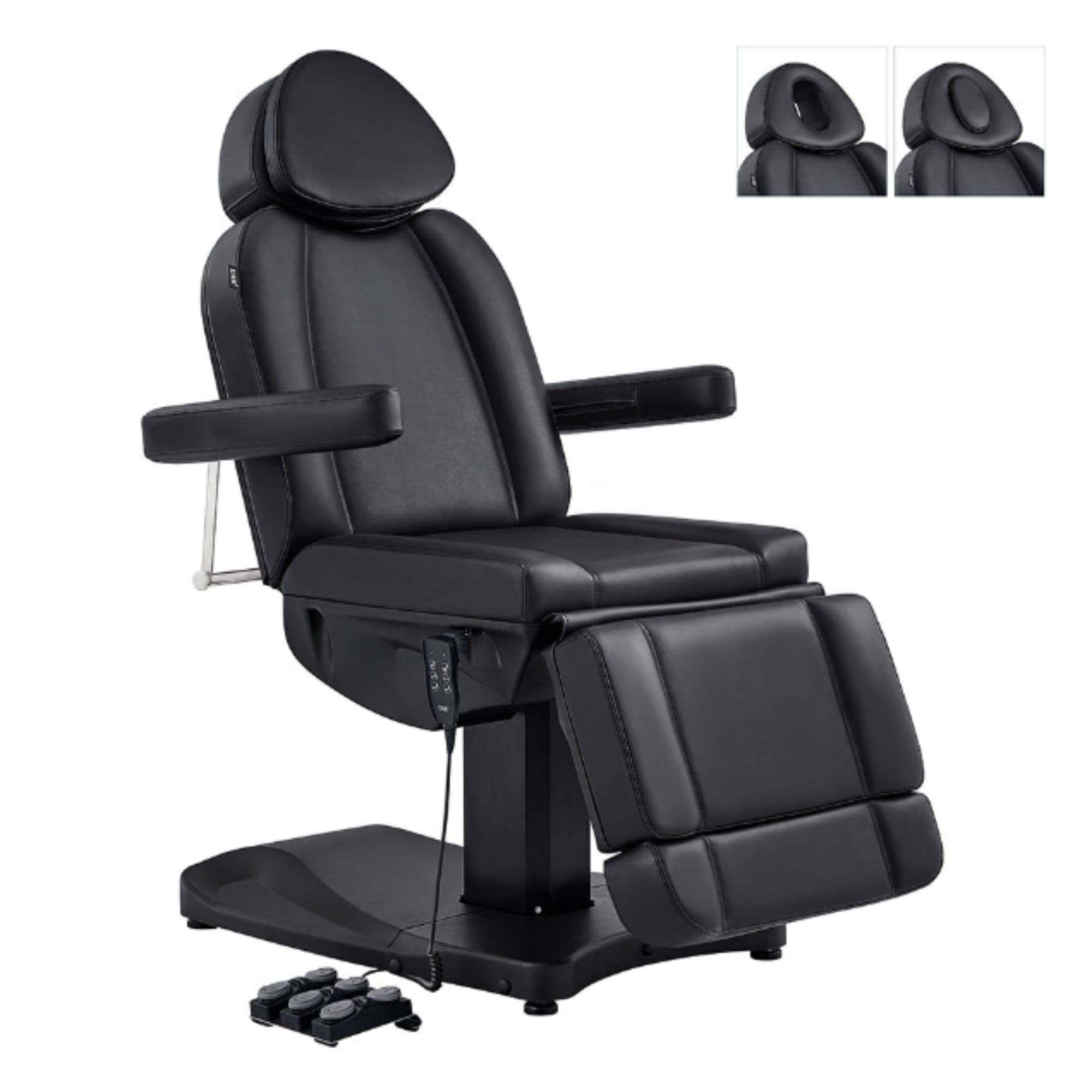 DIR Ink Triple-Motor Spa Treatment Chair Black Variant Front Angled View With Close-up Details Of Headrest Options On White Background