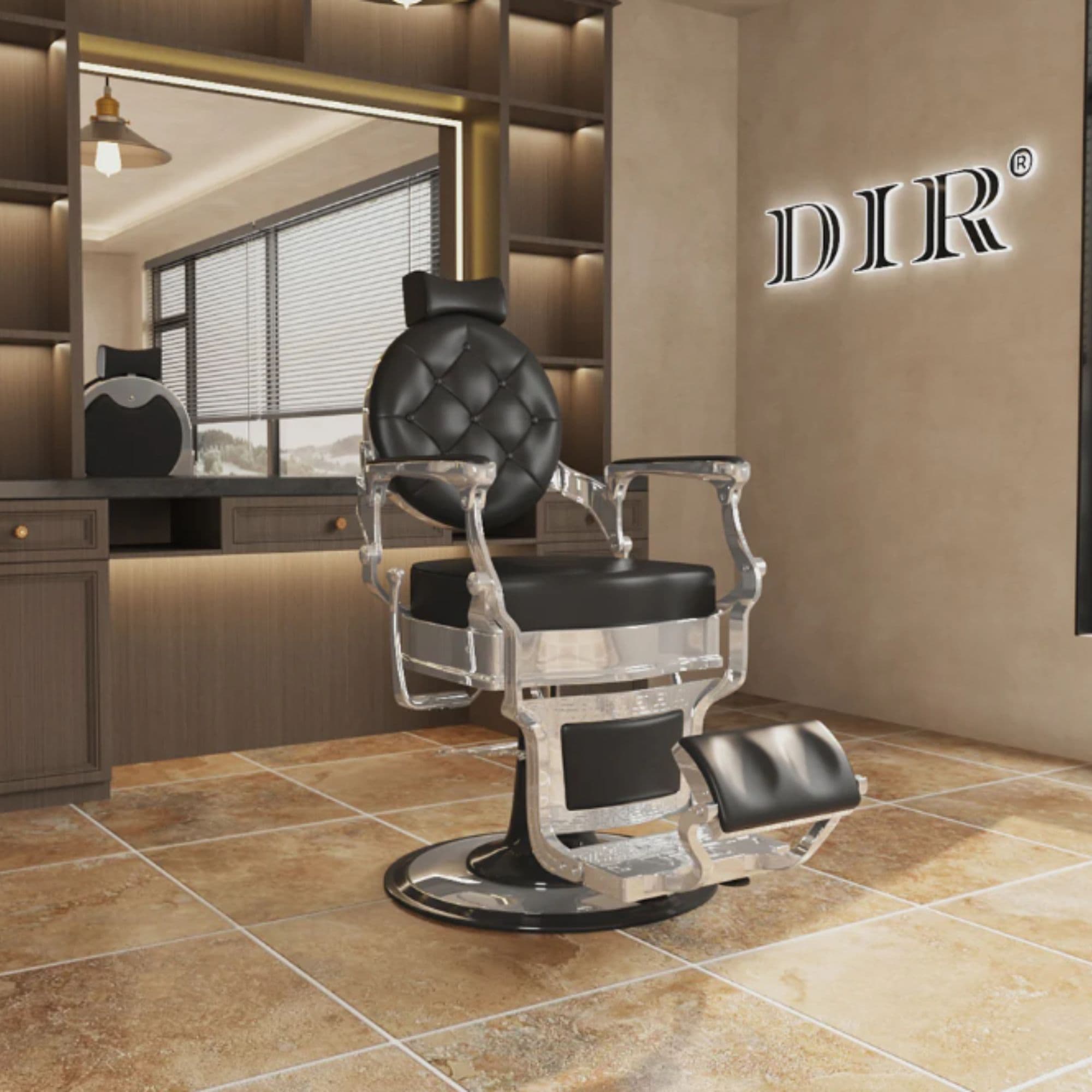 DIR Julius Heavy Duty Barber Chair Black Variant Front Angled View With Big Mirror And Brand Name In The Background