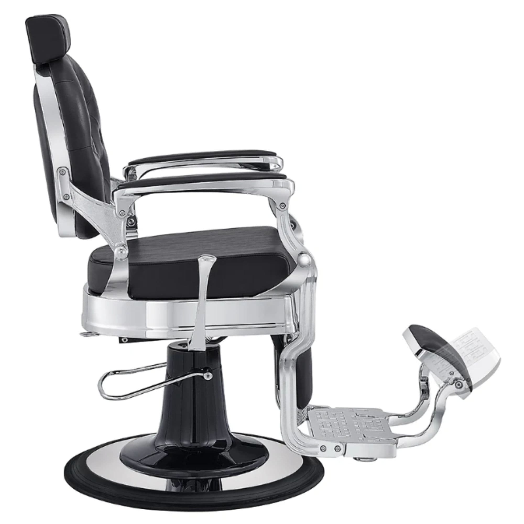 DIR Julius Heavy Duty Barber Chair Black Variant Side View Demonstrating The Swing Range Of Foot Rest Extension On White Background
