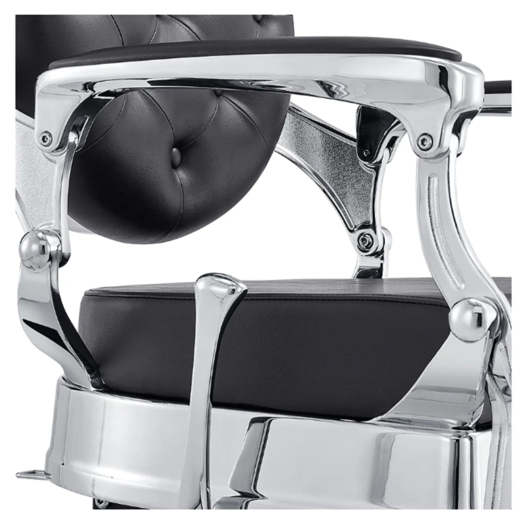 DIR Julius Heavy Duty Barber Chair Close-Up View Of Decorative Metallic Armrest Support And Black Upholstered Seat