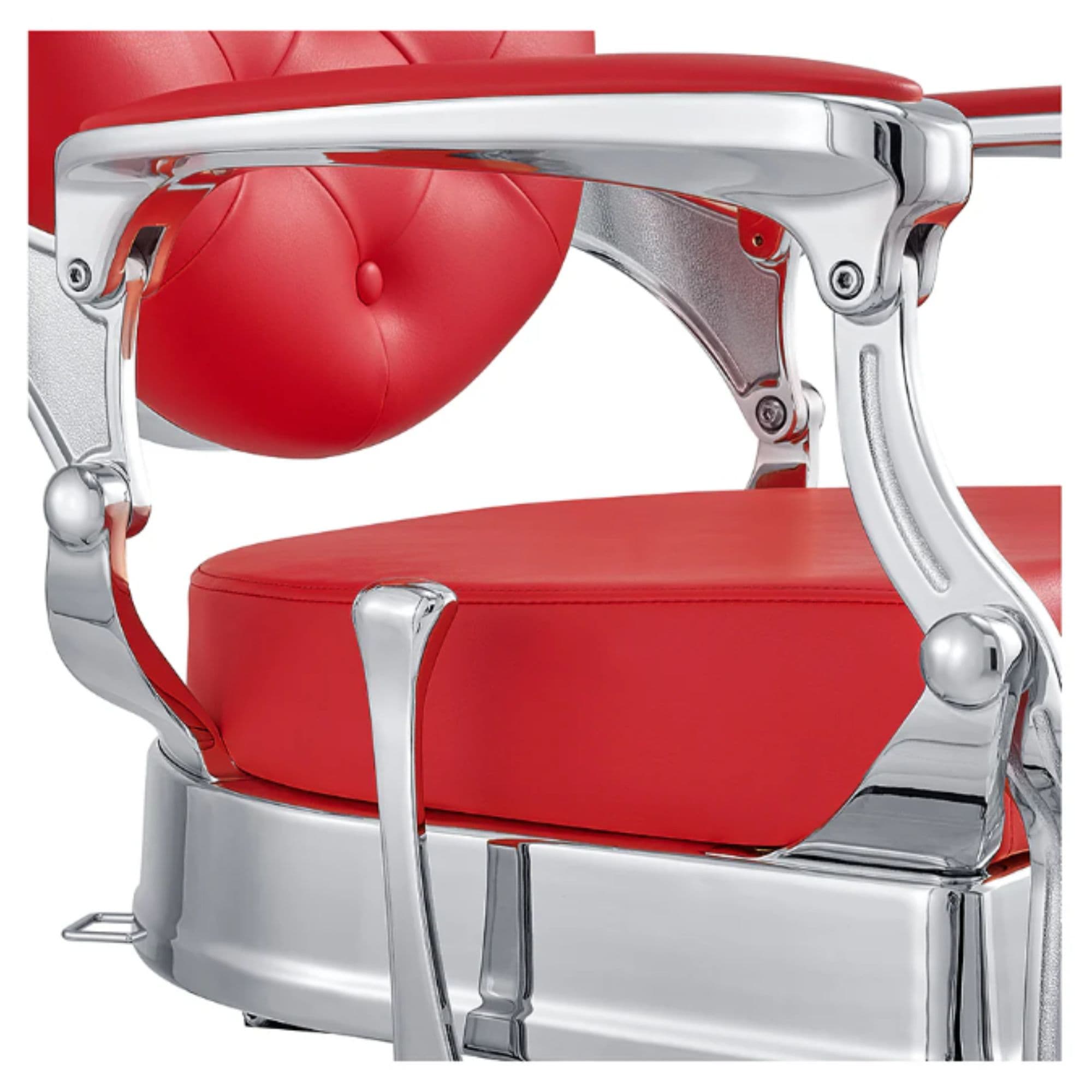 DIR Julius Heavy Duty Barber Chair Close-Up View Of Decorative Metallic Armrest Support And Red Upholstered Seat