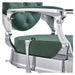 DIR Julius Heavy Duty Barber Chair Close-Up View Of Decorative Metallic Armrest Support And Vintage Green Upholstered Seat