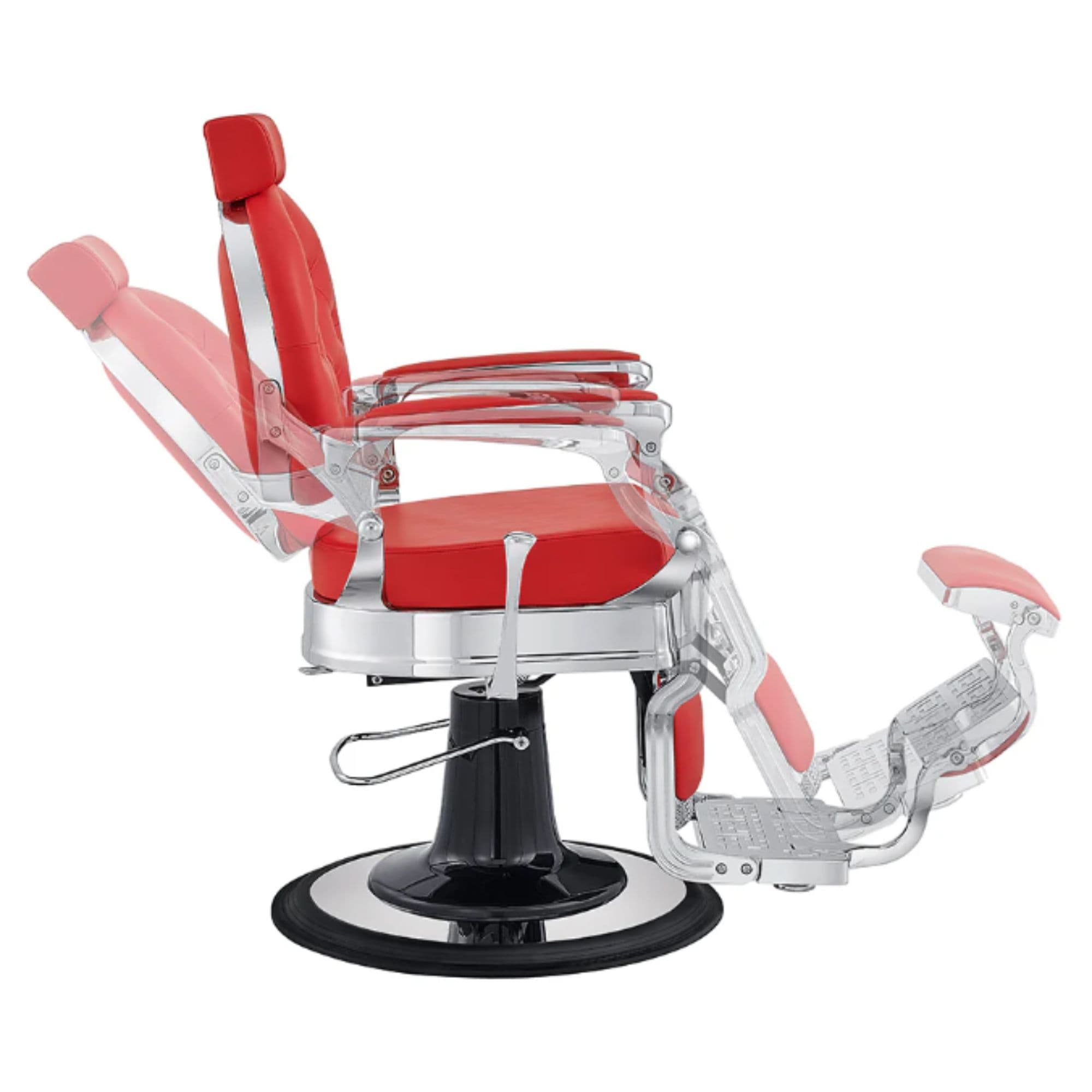 DIR Julius Heavy Duty Barber Chair Red Variant Side View Demonstrating Swing Adjustment On White Background