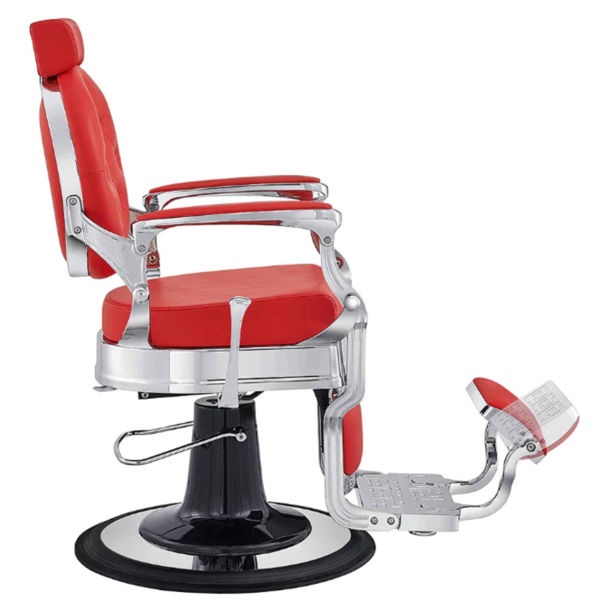 DIR Julius Heavy Duty Barber Chair Red Variant Side View Demonstrating The Swing Range Of Foot Rest Extension On White Background