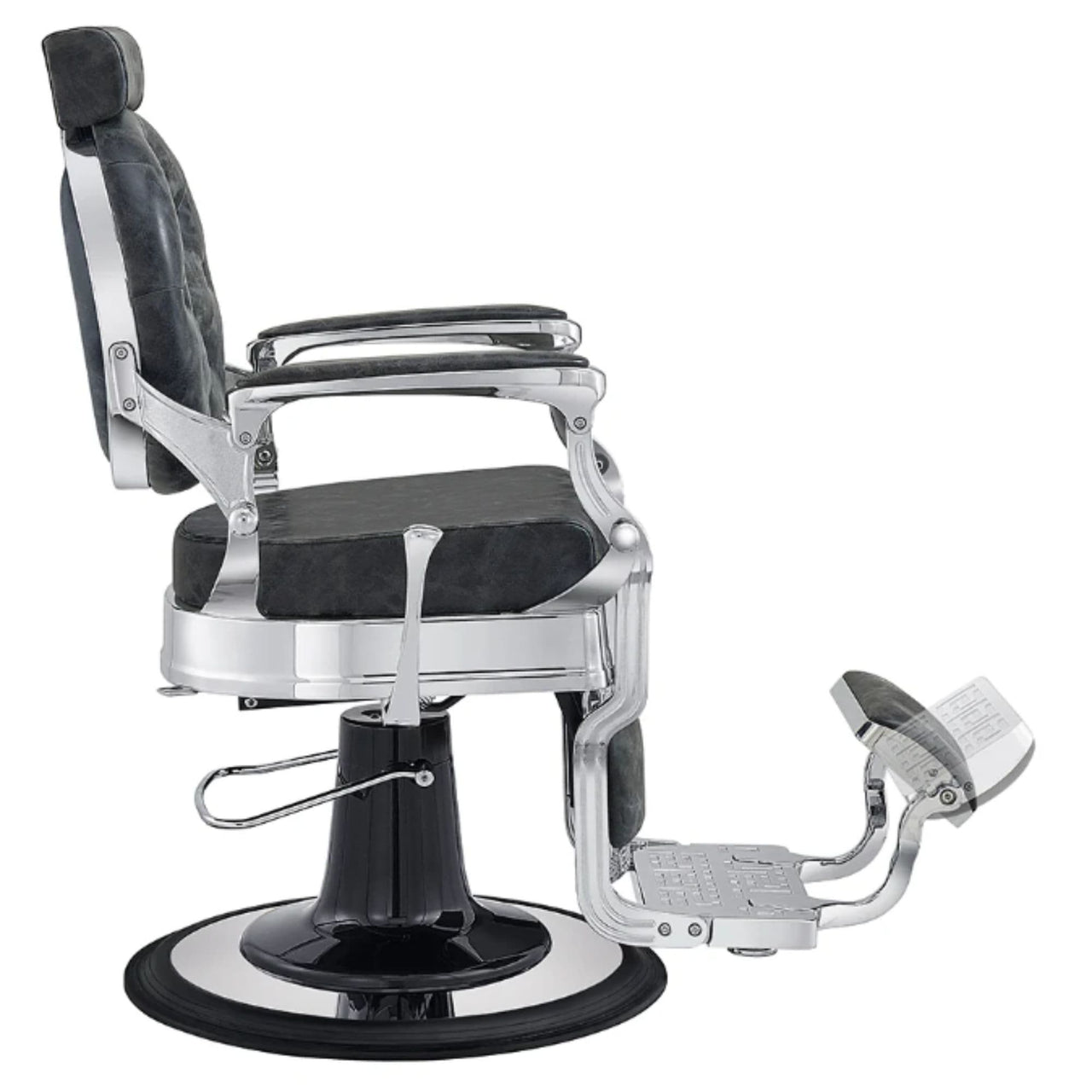 DIR Julius Heavy Duty Barber Chair Vintage Black Variant Side View Demonstrating The Swing Range Of Foot Rest Extension On White Background