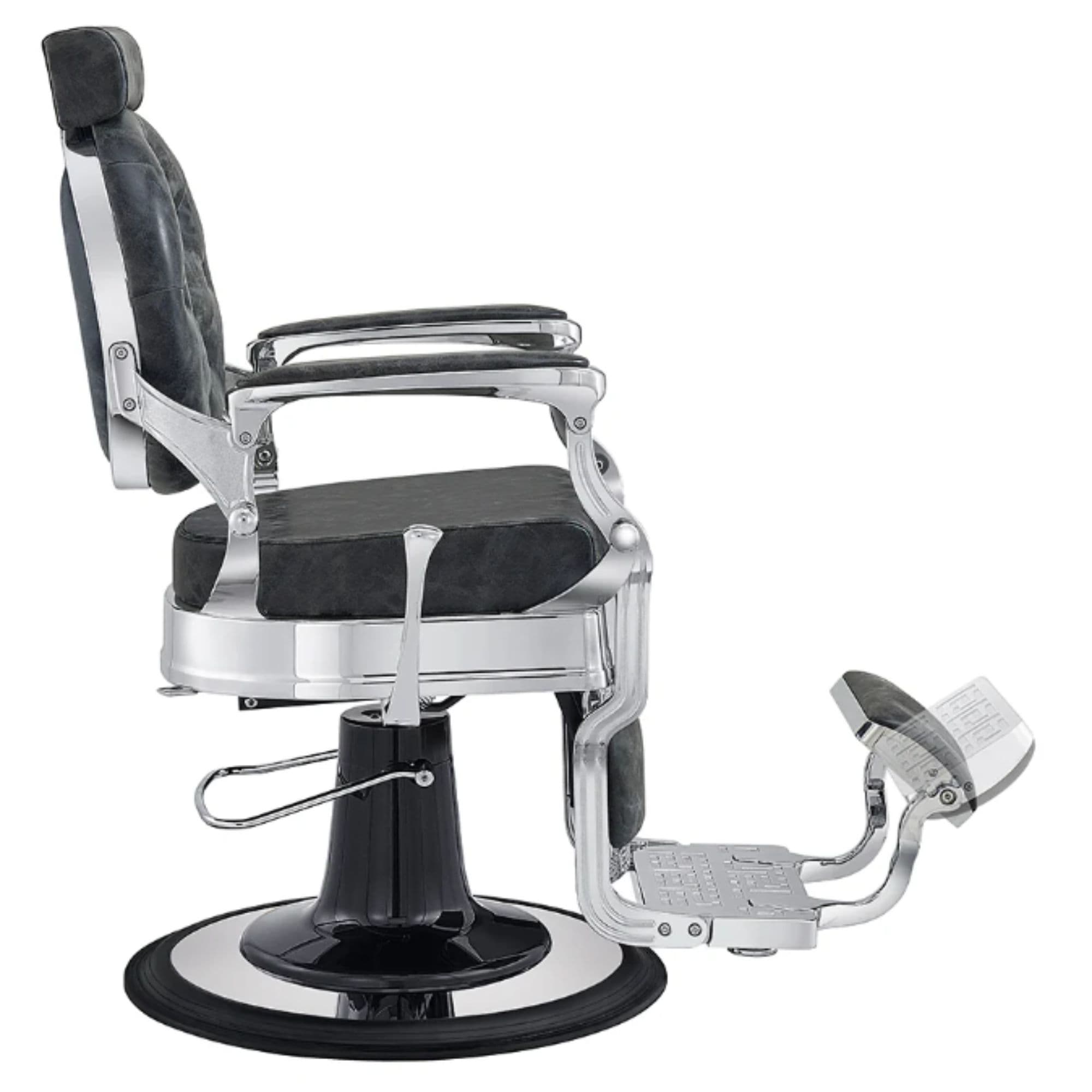 DIR Julius Heavy Duty Barber Chair Vintage Black Variant Side View Demonstrating The Swing Range Of Foot Rest Extension On White Background