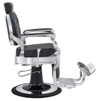 Thumbnail for DIR Julius Heavy Duty Barber Chair Vintage Black Variant Side View Demonstrating The Swing Range Of Foot Rest Extension On White Background