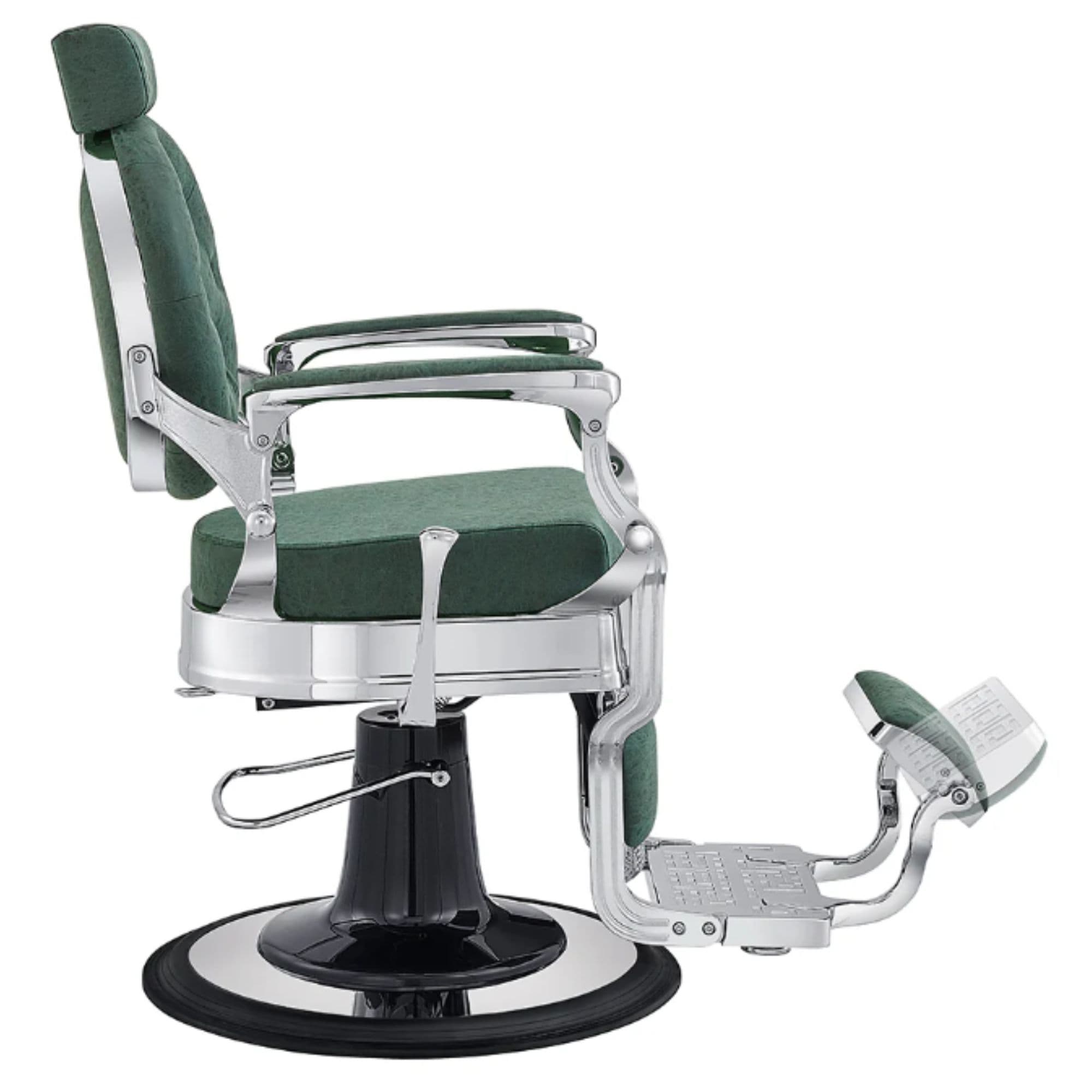 DIR Julius Heavy Duty Barber Chair Vintage Green Variant Side View Demonstrating The Swing Range Of Foot Rest Extension On White Background