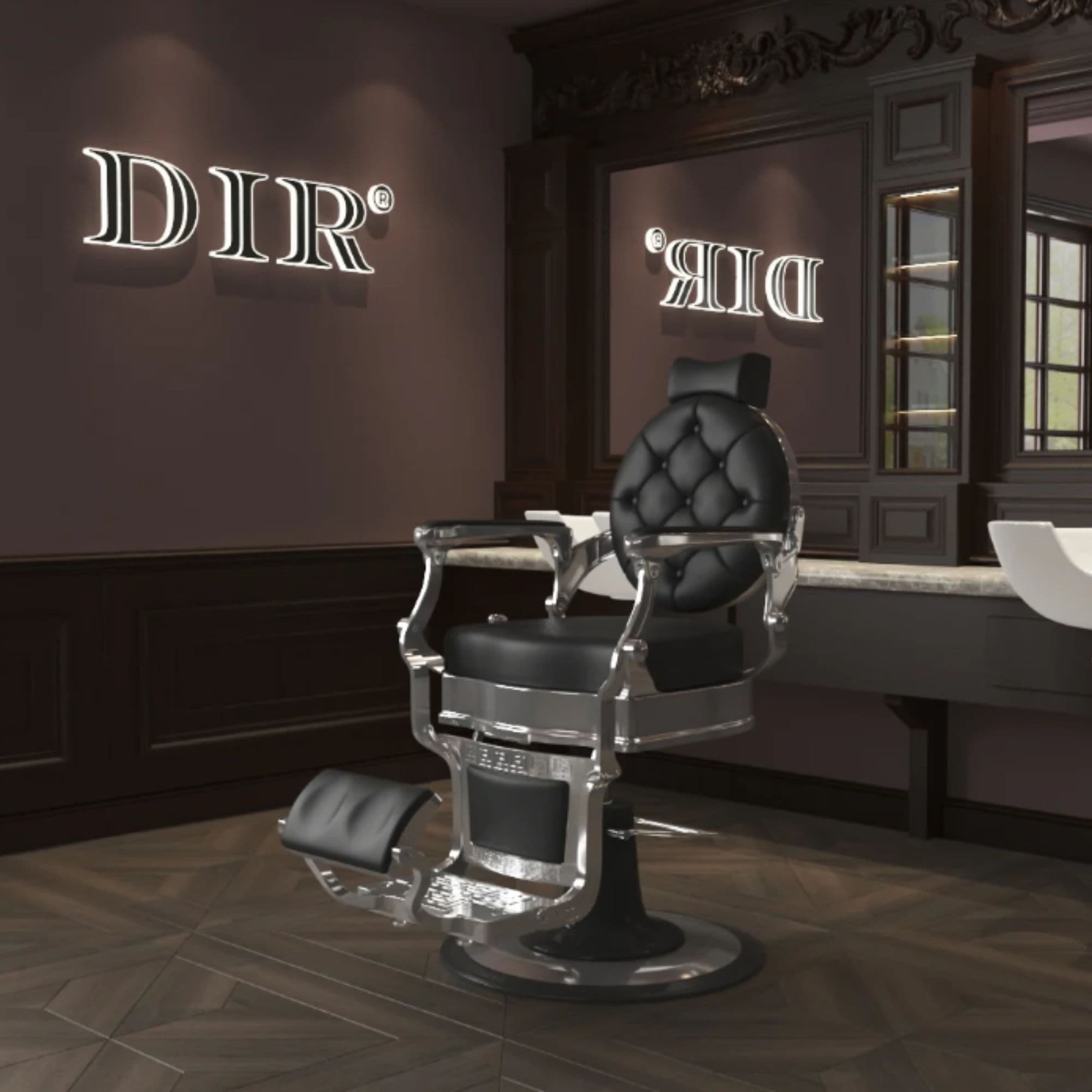 DIR Julius Heavy Duty Barbershop Chair Black Variant Front Angled View With Chocolate Brown Accent And Big Mirror And Brand Name In The Background