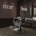 DIR Julius Heavy Duty Barbershop Chair Black Variant Front Angled View With Chocolate Brown Accent And Big Mirror And Brand Name In The Background