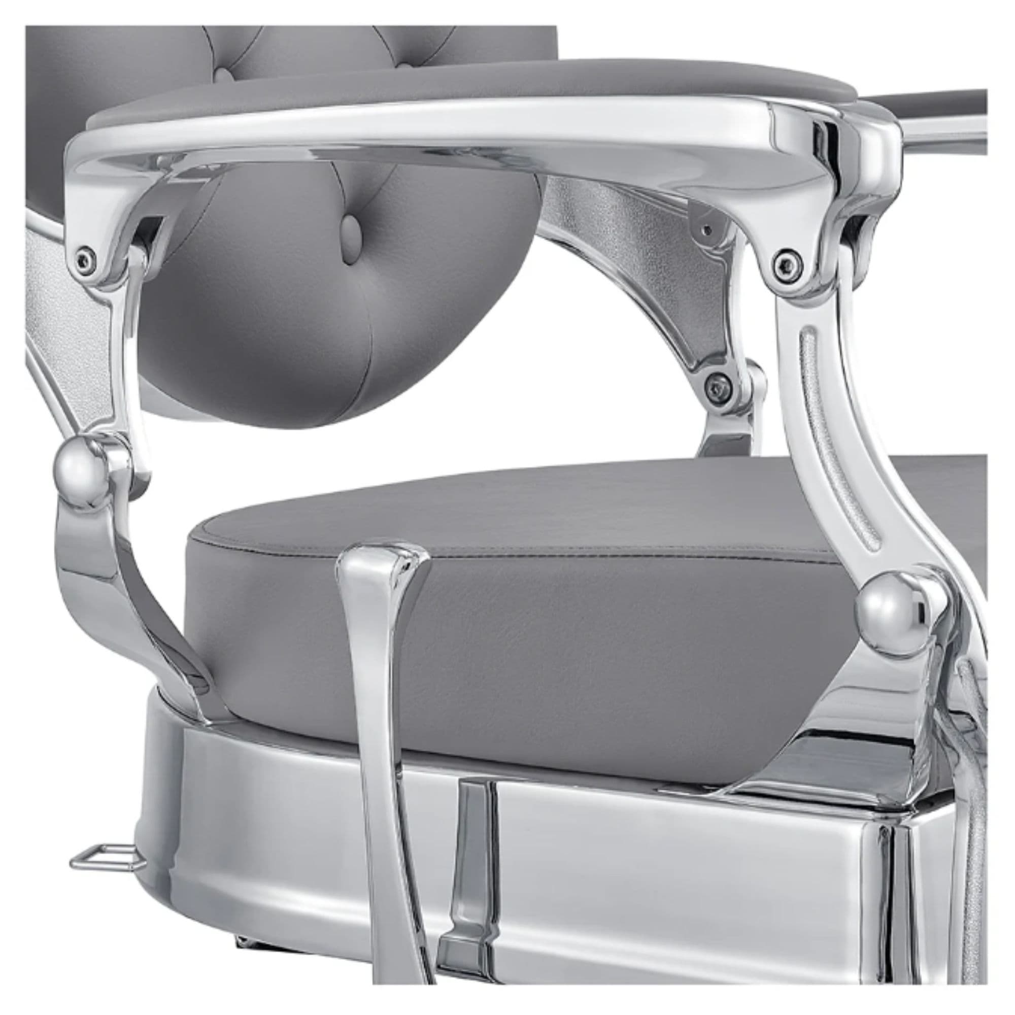 DIR Julius Heavy Duty Barbershop Chair Close-Up View Of Decorative Metallic Armrest Support And Gray Upholstered Seat