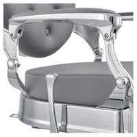 Thumbnail for DIR Julius Heavy Duty Barbershop Chair Close-Up View Of Decorative Metallic Armrest Support And Gray Upholstered Seat