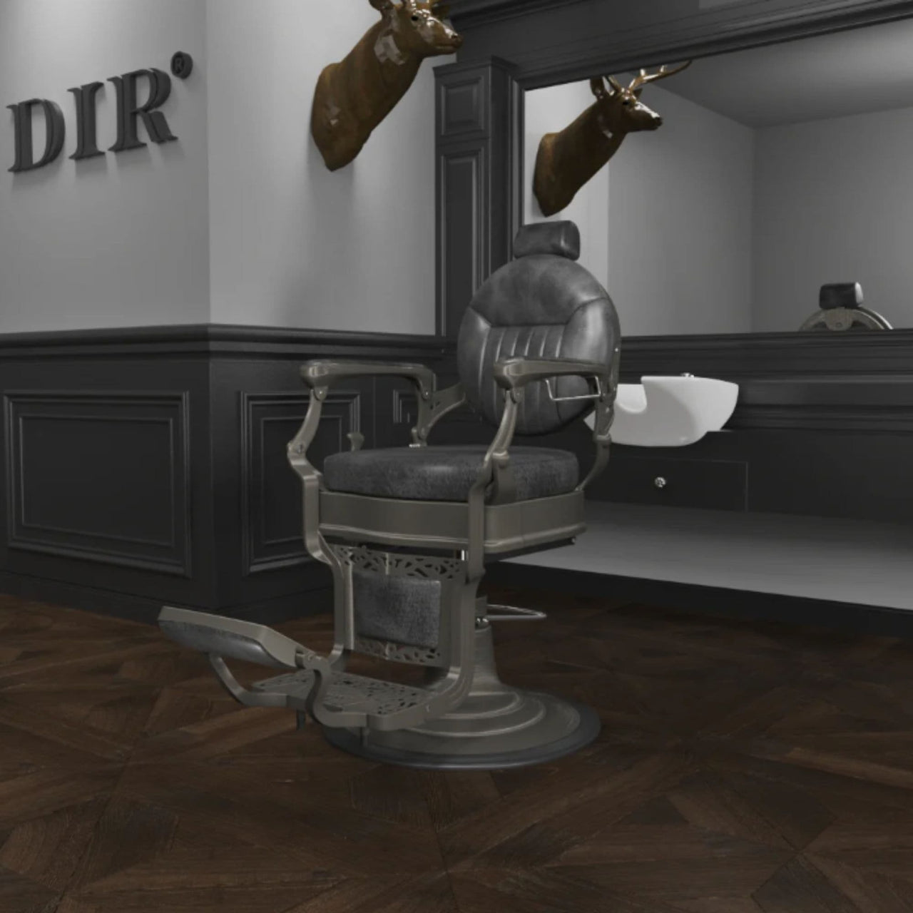 DIR Kaiser Retro Style Vintage Barber Chair Black Variant Front Angled View With Mirror A Brand Name And A Deer Head Sculpture In The Background