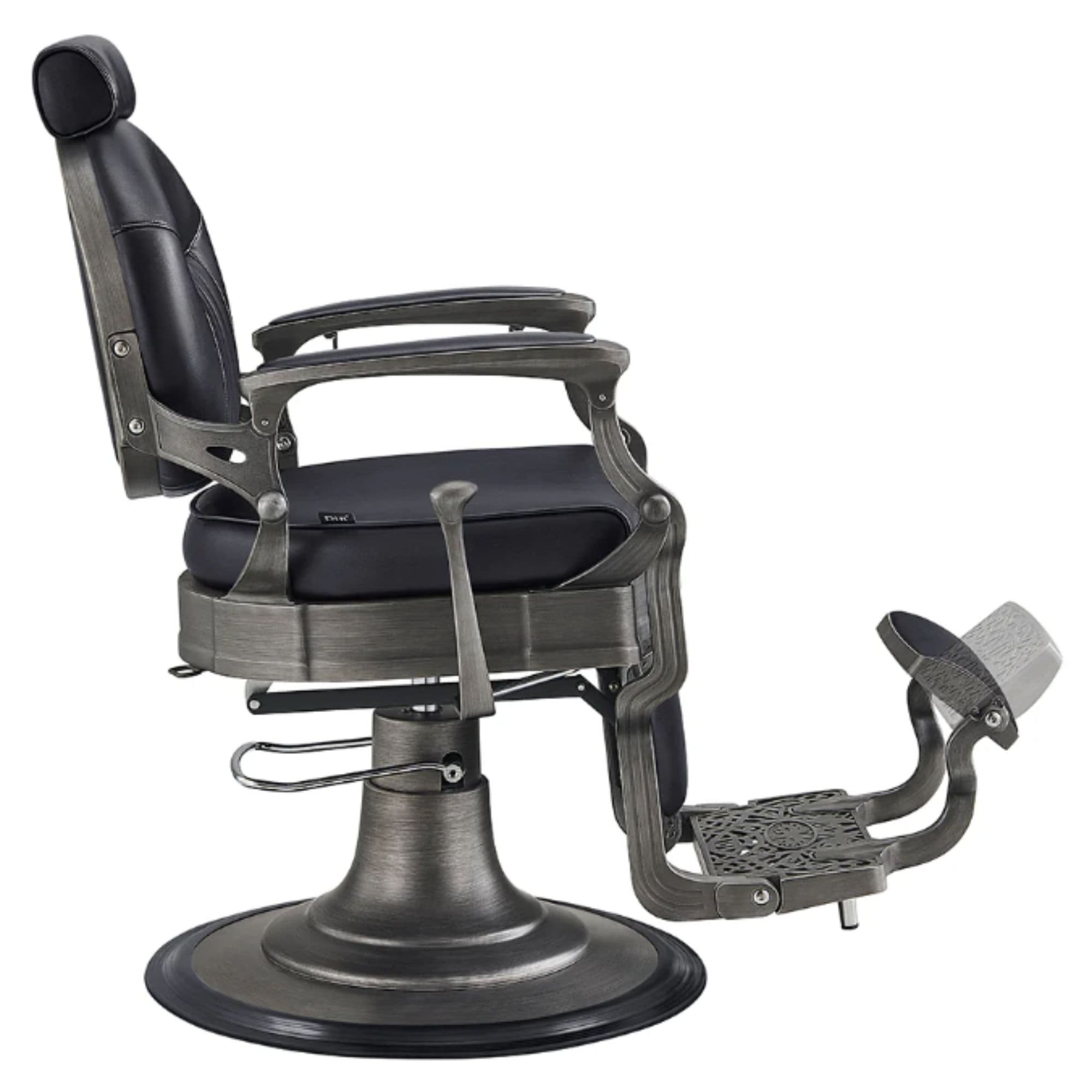 DIR Kaiser Retro Style Vintage Barber Chair Black Variant Side View Demonstrating The Swing Range Of Foot Rest Extension On White Background
