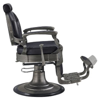 Thumbnail for DIR Kaiser Retro Style Vintage Barber Chair Black Variant Side View Demonstrating The Swing Range Of Foot Rest Extension On White Background