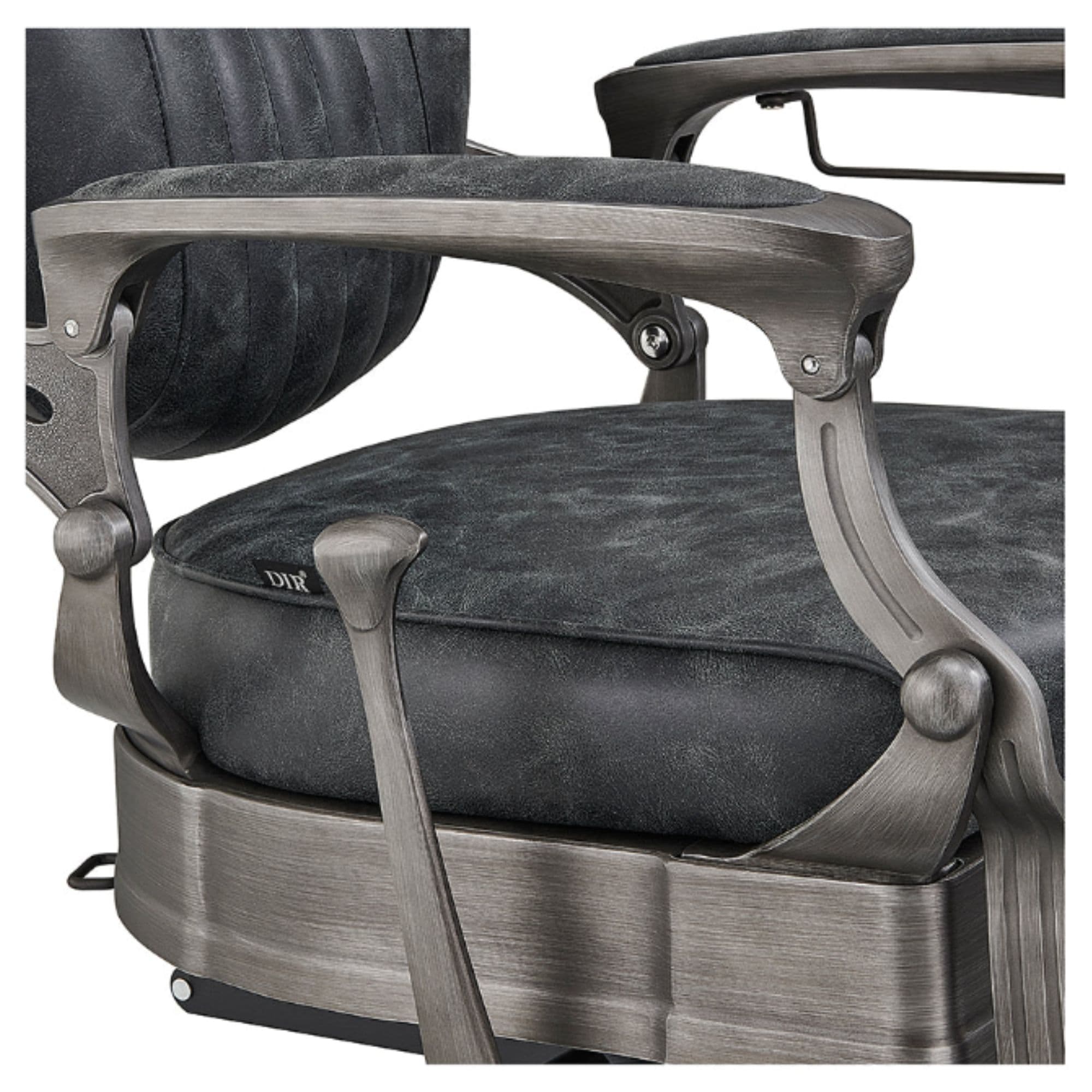 DIR Kaiser Retro Style Vintage Barber Chair Close-Up View Of Decorative Armrest Support And Vintage Black Upholstered Seat