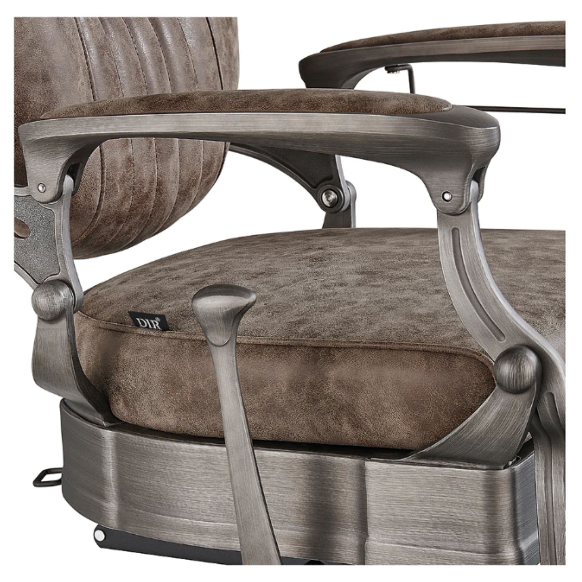 DIR Kaiser Retro Style Vintage Barber Chair Close-Up View Of Decorative Armrest Support And Vintage Brown Upholstered Seat