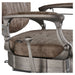 DIR Kaiser Retro Style Vintage Barber Chair Close-Up View Of Decorative Armrest Support And Vintage Brown Upholstered Seat