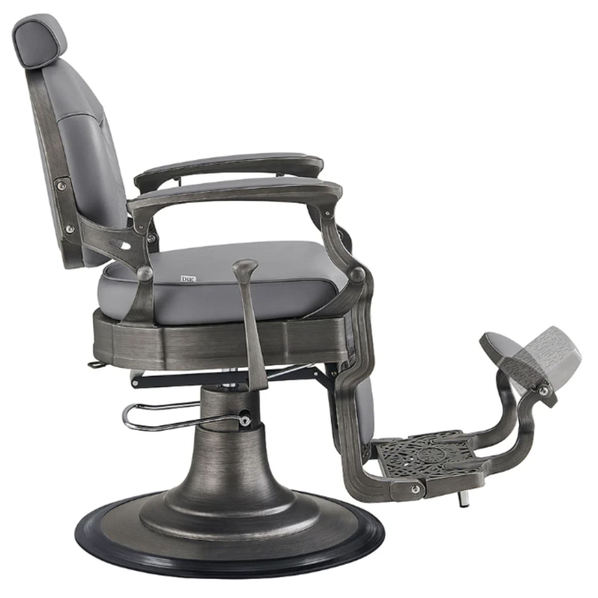 DIR Kaiser Retro Style Vintage Barber Chair Gray Variant Side View Demonstrating The Swing Range Of Foot Rest Extension On White Background