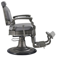 Thumbnail for DIR Kaiser Retro Style Vintage Barber Chair Gray Variant Side View Demonstrating The Swing Range Of Foot Rest Extension On White Background