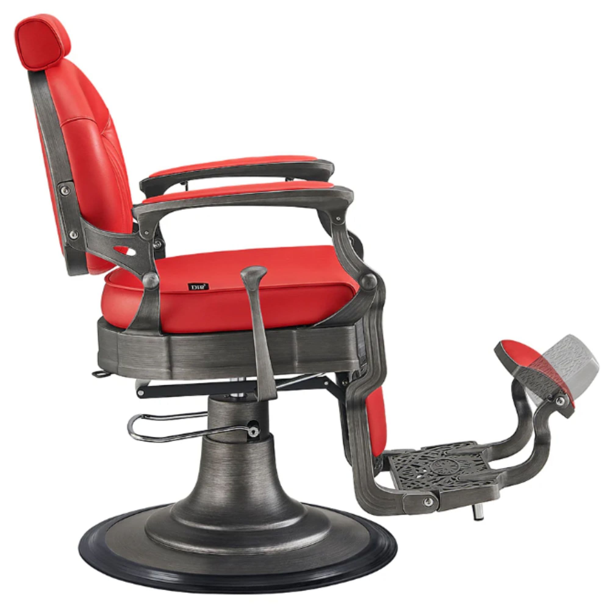 DIR Kaiser Retro Style Vintage Barber Chair Red Variant Side View Demonstrating The Swing Range Of Foot Rest Extension On White Background