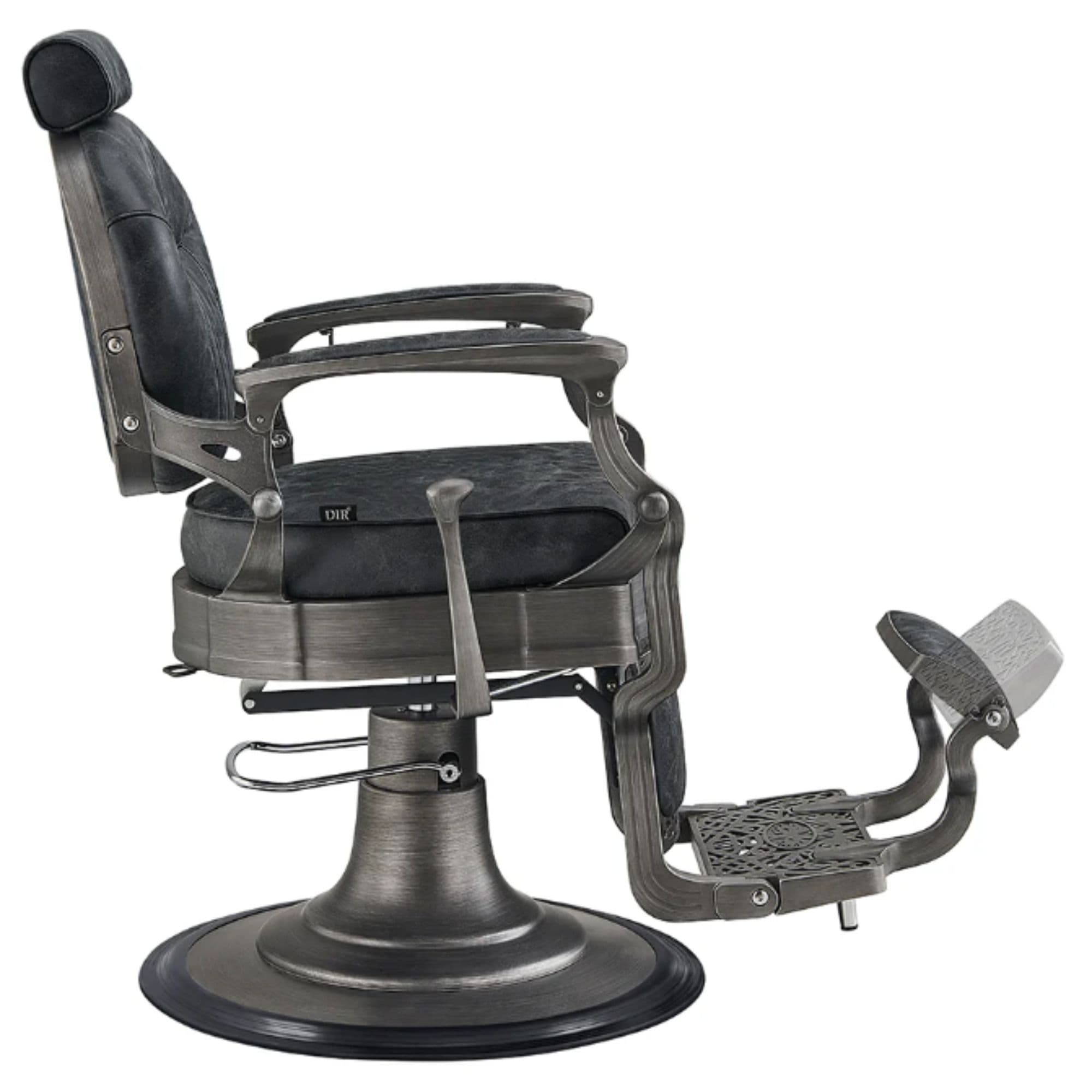 DIR Kaiser Retro Style Vintage Barber Chair Vintage Black Variant Side View Demonstrating The Swing Range Of Foot Rest Extension On White Background