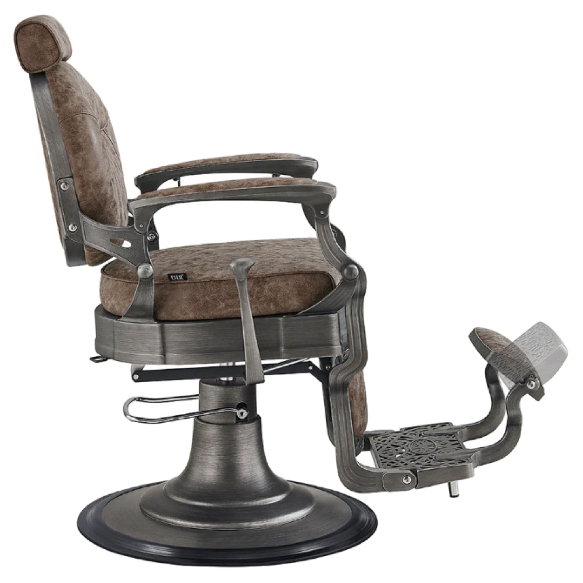DIR Kaiser Retro Style Vintage Barber Chair Vintage Brown Variant Side View Demonstrating The Swing Range Of Foot Rest Extension On White Background