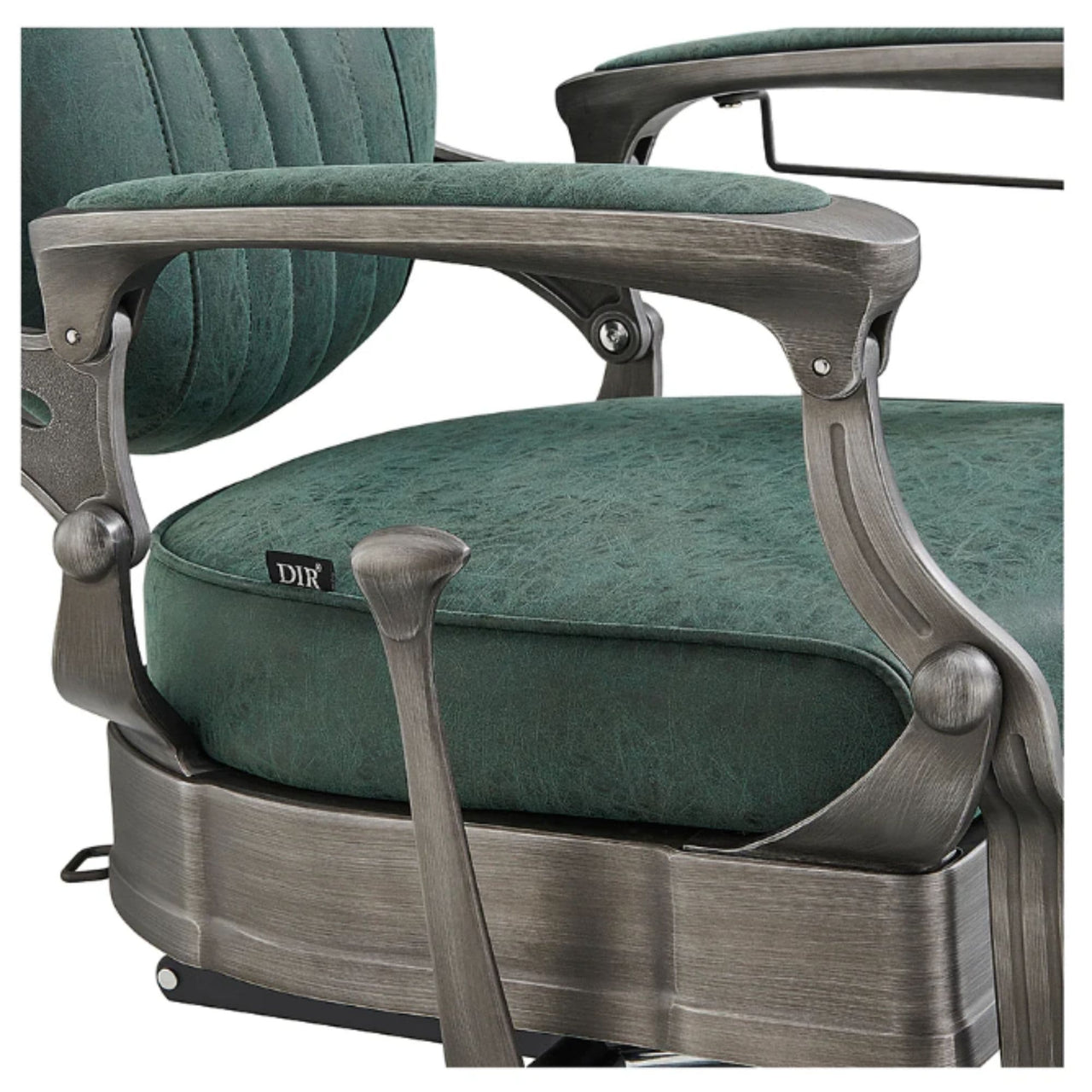 DIR Kaiser Retro Vintage Barbershop Chair Close-Up View Of Decorative Armrest Support And Vintage Green Upholstered Seat