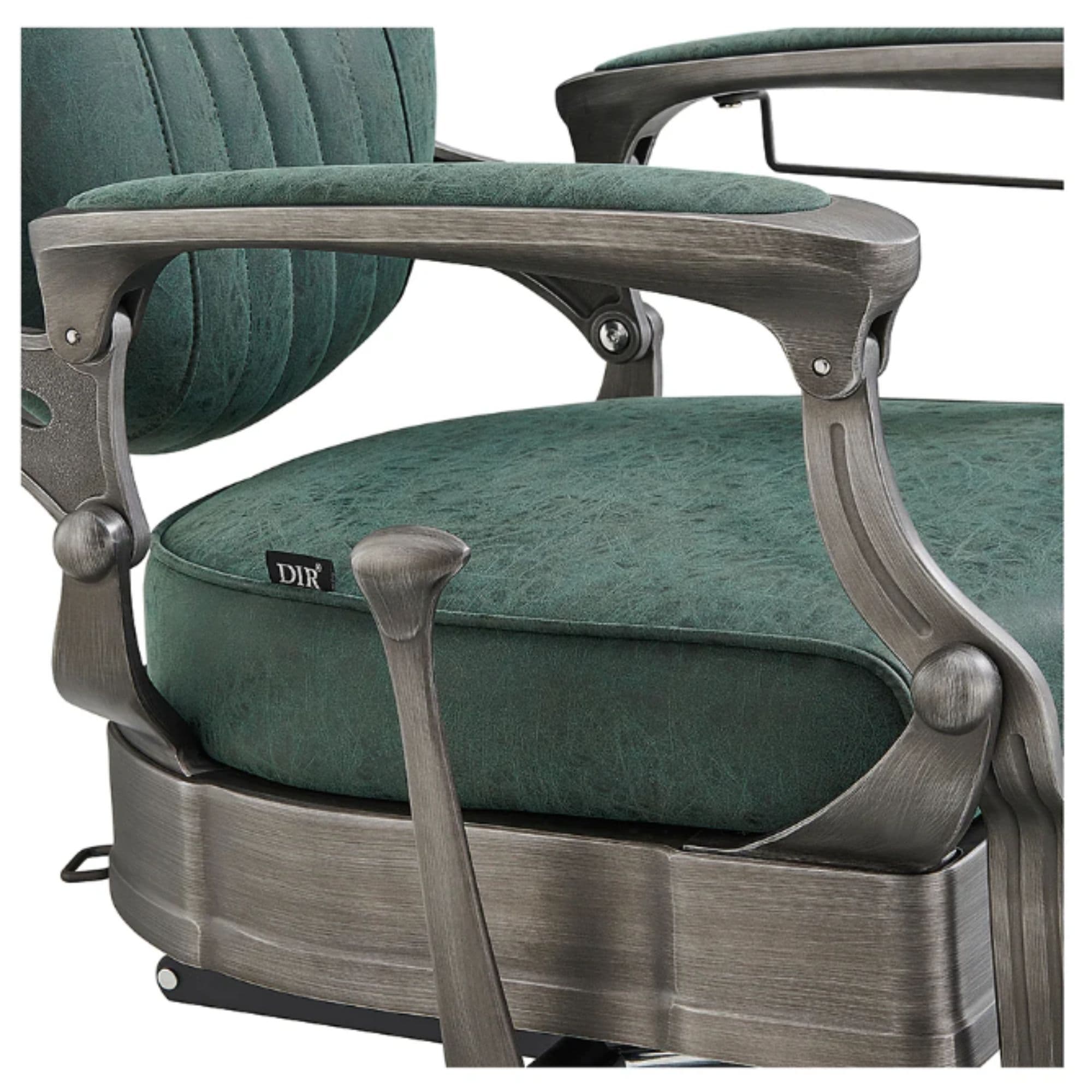 DIR Kaiser Retro Vintage Barbershop Chair Close-Up View Of Decorative Armrest Support And Vintage Green Upholstered Seat