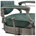 DIR Kaiser Retro Vintage Barbershop Chair Close-Up View Of Decorative Armrest Support And Vintage Green Upholstered Seat