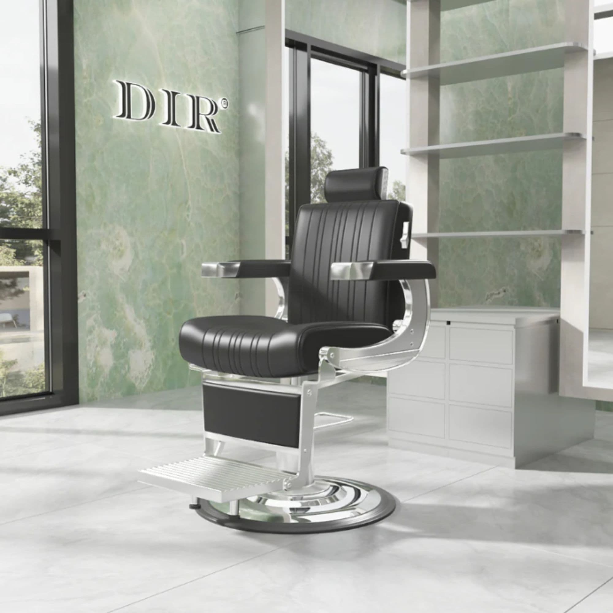 DIR Kingston Hydraulic Barber Chair Black Variant Front Angled View With Glass Doors A Shelves And A Brand Name In The Background
