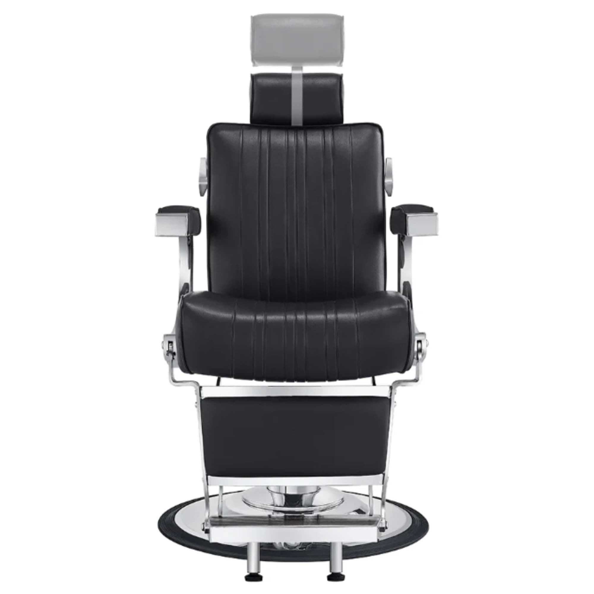 DIR Kingston Hydraulic Barber Chair Black Variant Front View Demonstrating Pull Out Headrest Range On White Background