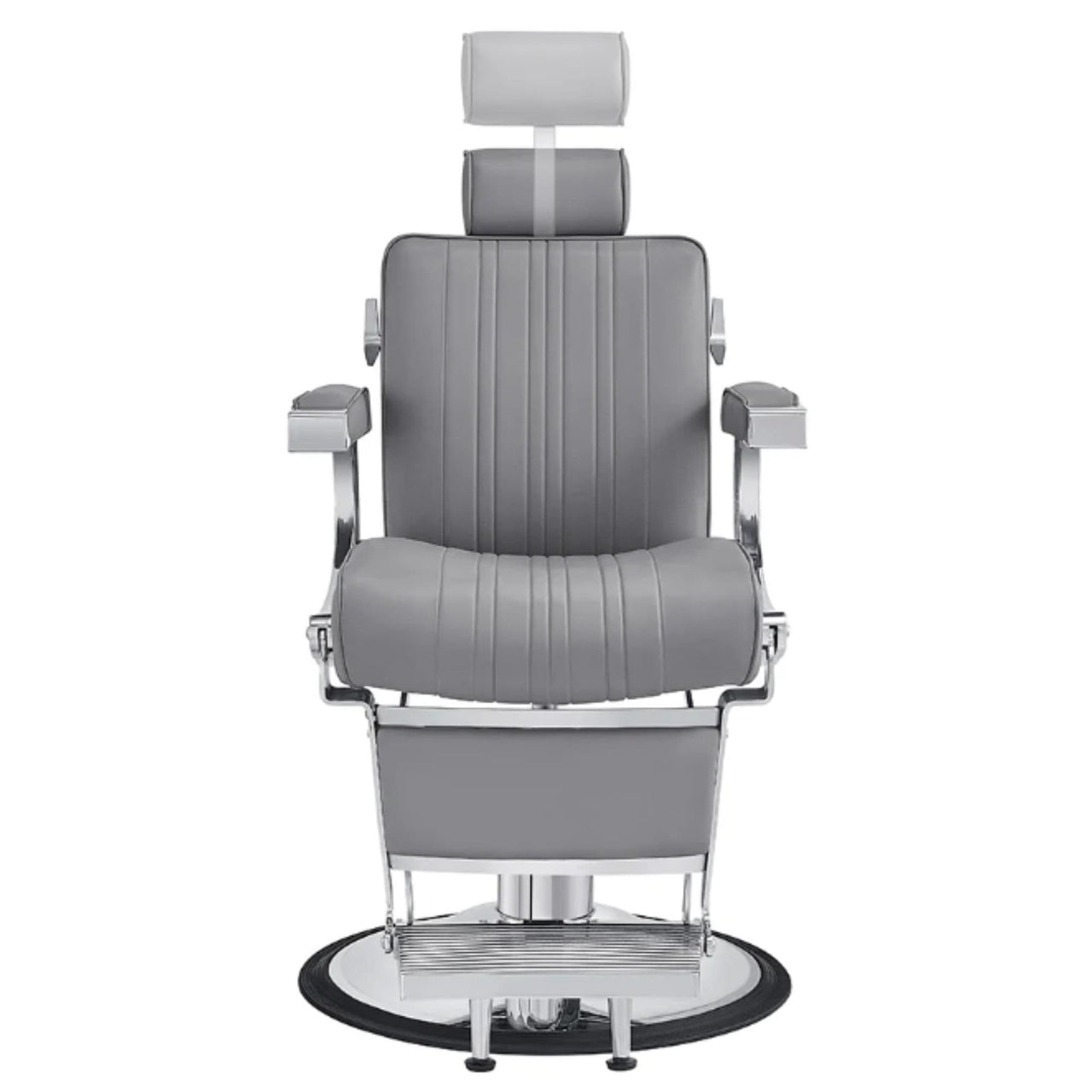 DIR Kingston Hydraulic Barber Chair Gray Variant Front View Demonstrating Pull Out Headrest Range On White Background