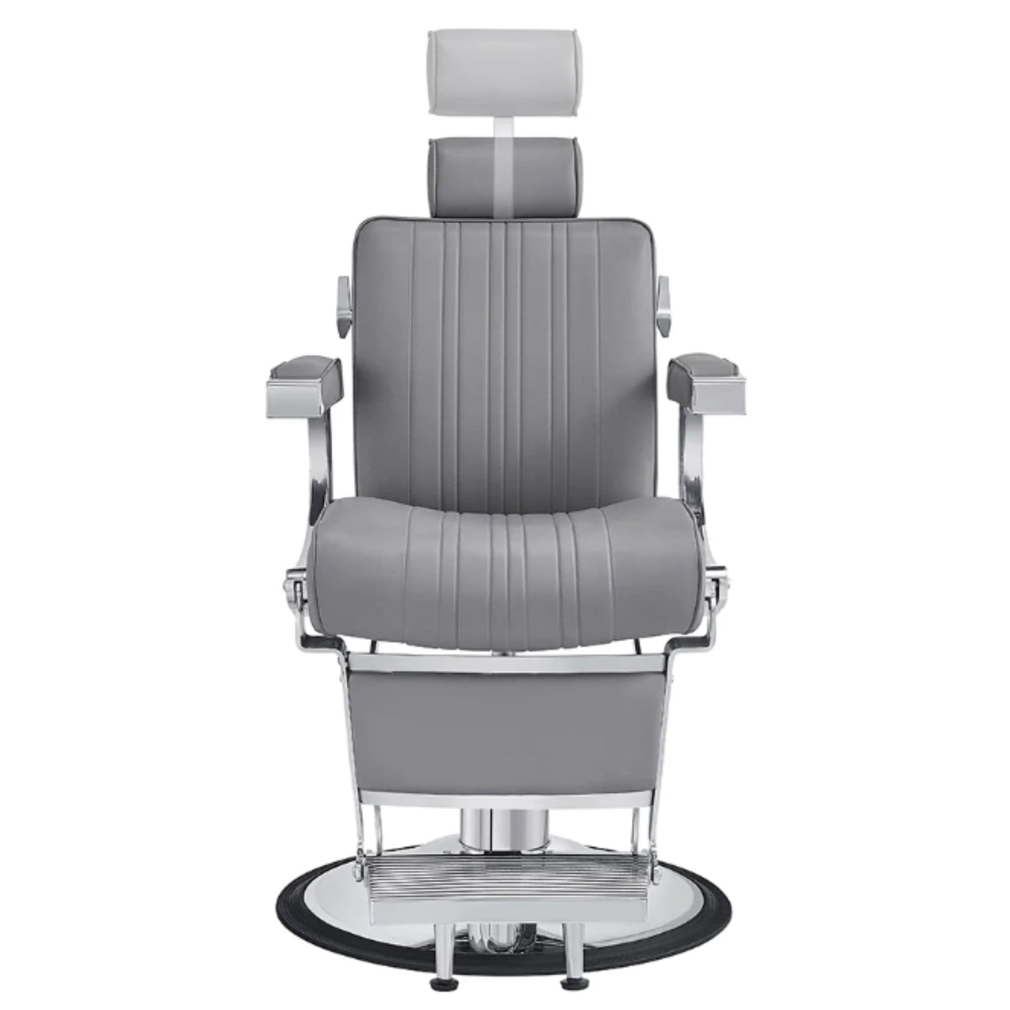 DIR Kingston Hydraulic Barber Chair Gray Variant Front View Demonstrating Pull Out Headrest Range On White Background