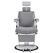DIR Kingston Hydraulic Barber Chair Gray Variant Front View Demonstrating Pull Out Headrest Range On White Background