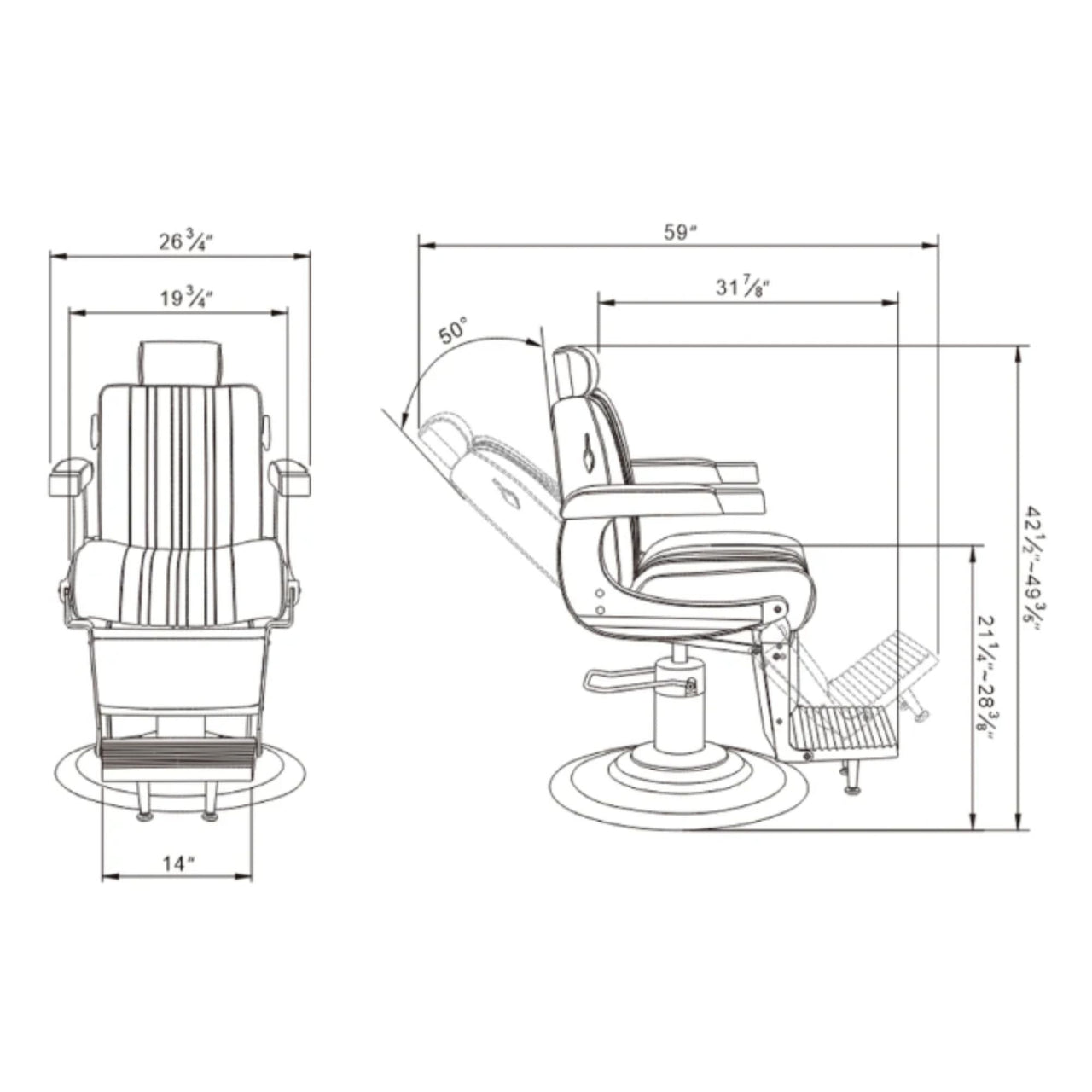 DIR Kingston Hydraulic Barber Chair Product Dimension Diagram
