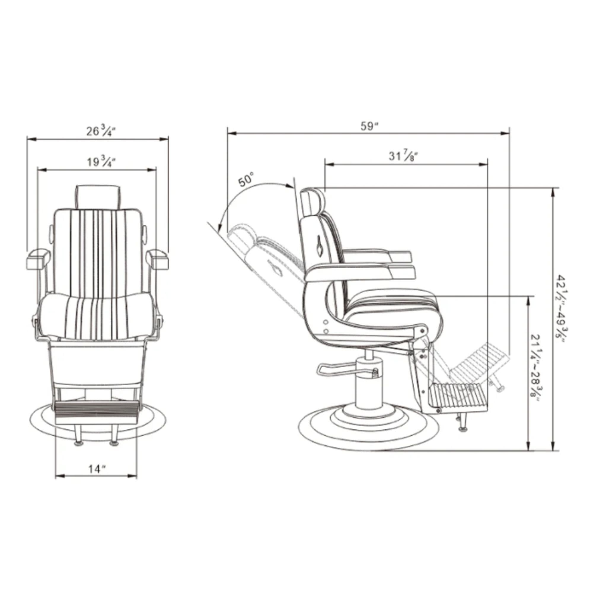 DIR Kingston Hydraulic Barber Chair Product Dimension Diagram