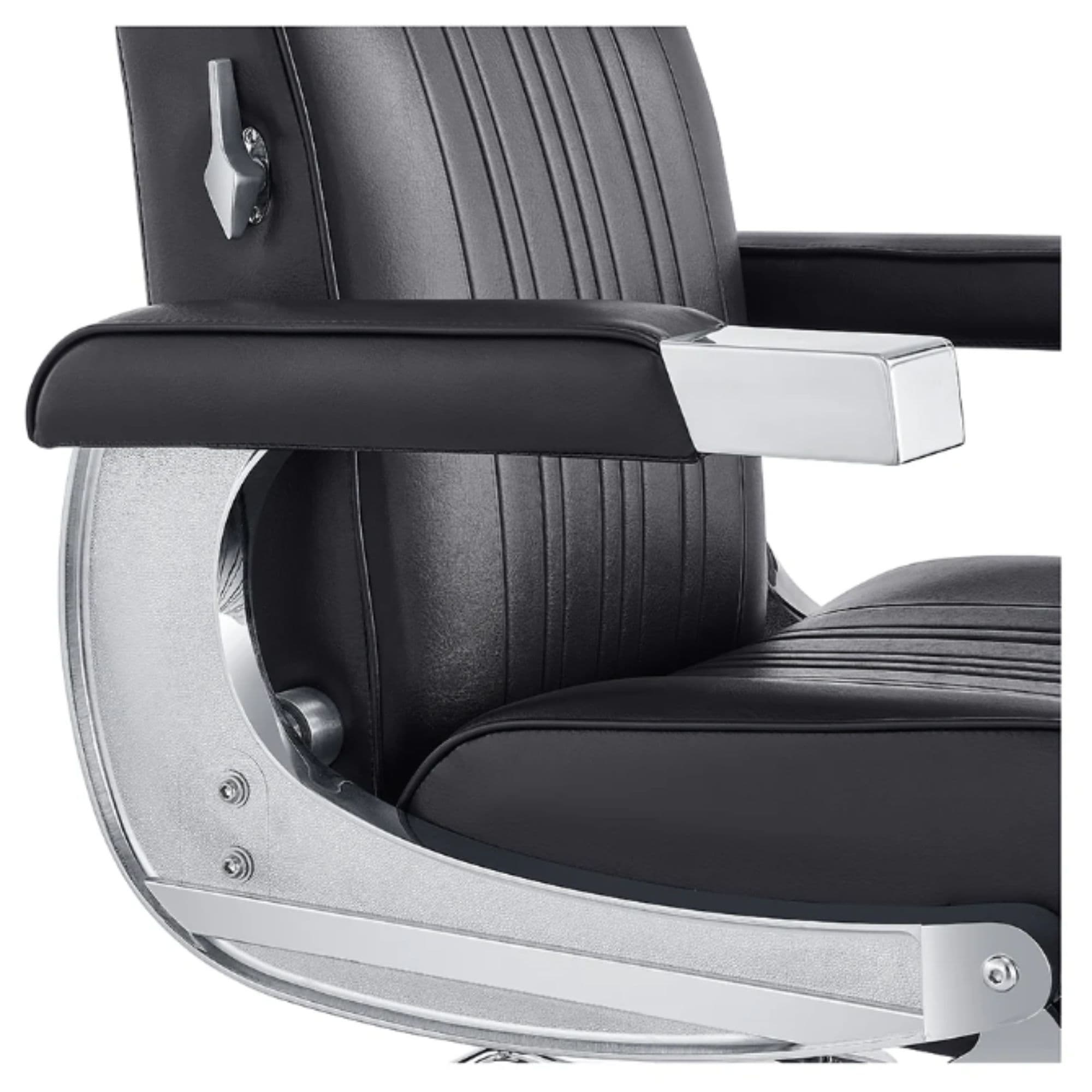 DIR Kingston Hydraulic Classic Barber Chair  Close-Up View Of Decorative Metallic Gold Armrest Support And Black Upholstered Seat