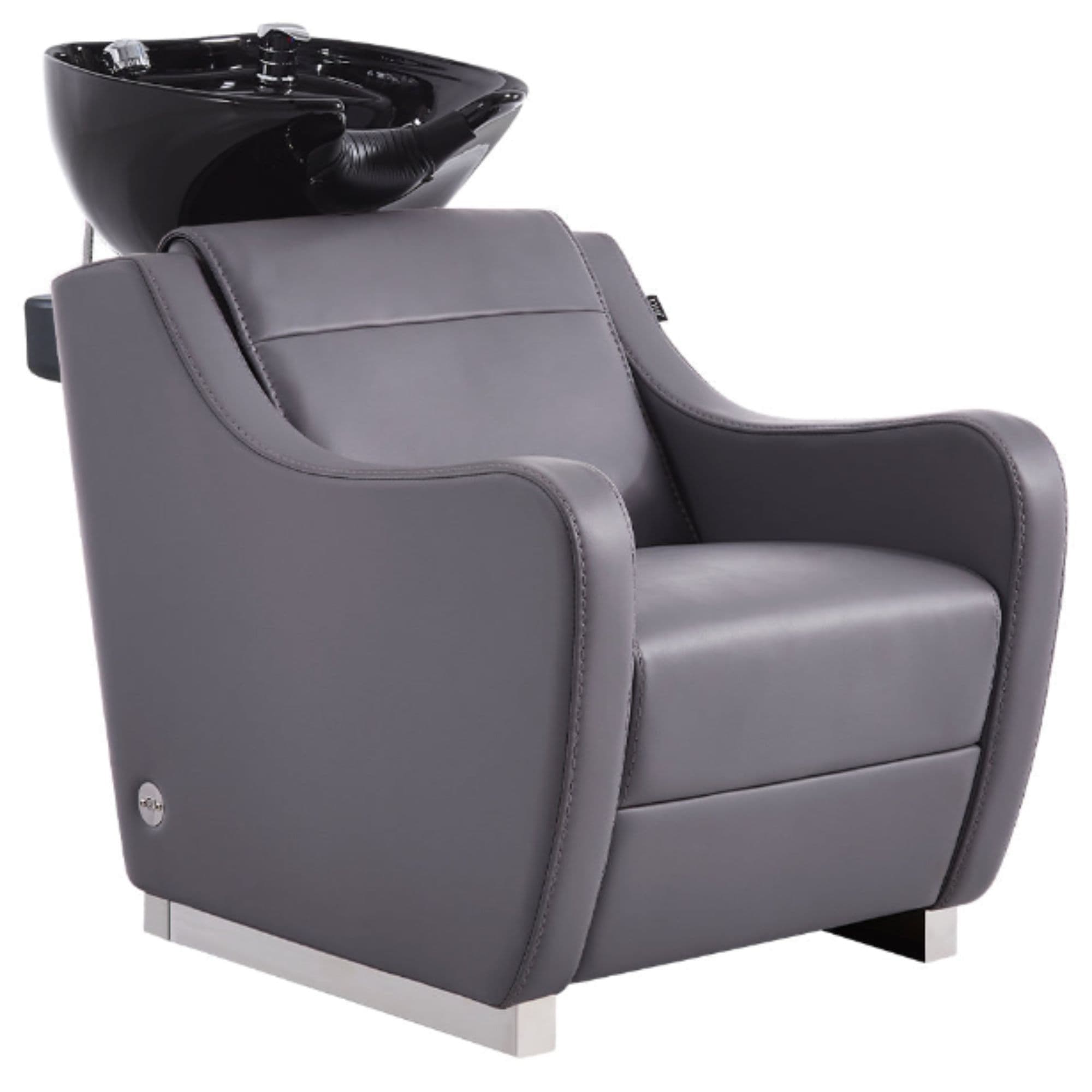 DIR Leona Massage Shampoo Chair Gray Front Angled View Of Black Single Shampoo Wash Station On White Clean Background
