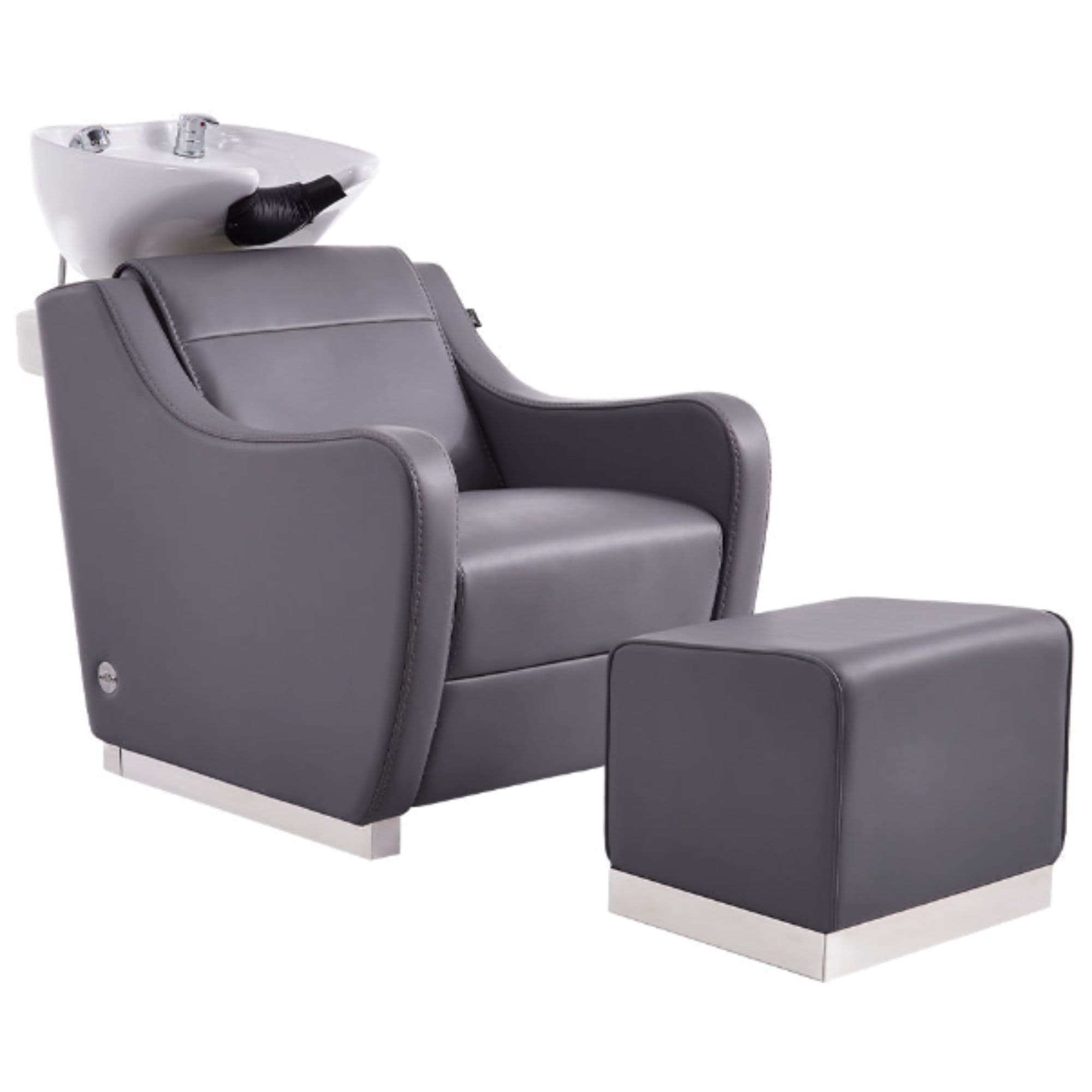 DIR Leona Massage Shampoo Chair Gray Front Angled View With Single Stools And White Single Shampoo Wash Station On Plain White Background