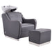 DIR Leona Massage Shampoo Chair Gray Front Angled View With Single Stools And White Single Shampoo Wash Station On Plain White Background
