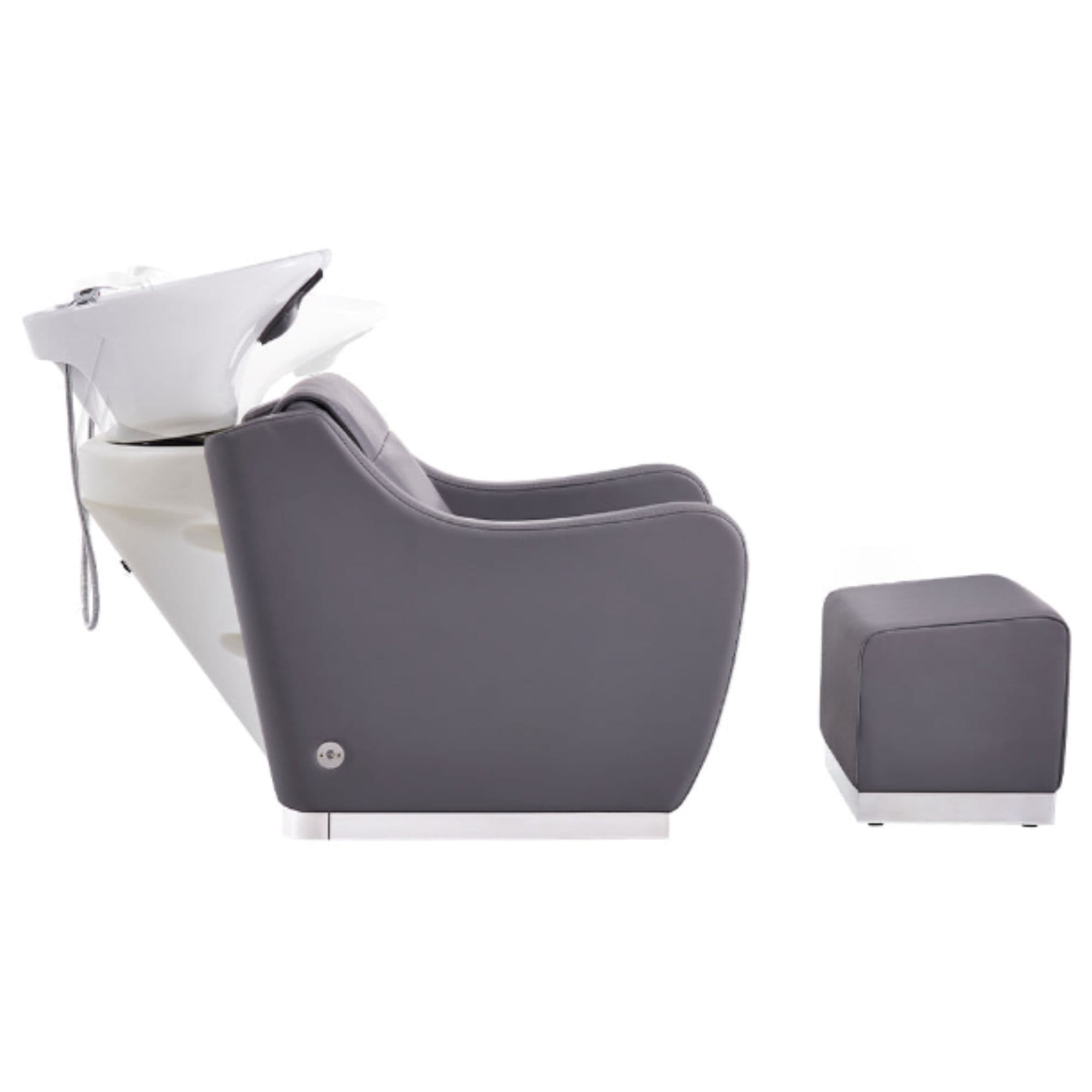 DIR Leona Massage Shampoo Chair Gray Side View With Single Stools And White Single Shampoo Wash Station On Plain White Background