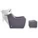 DIR Leona Massage Shampoo Chair Gray Side View With Single Stools And White Single Shampoo Wash Station On Plain White Background