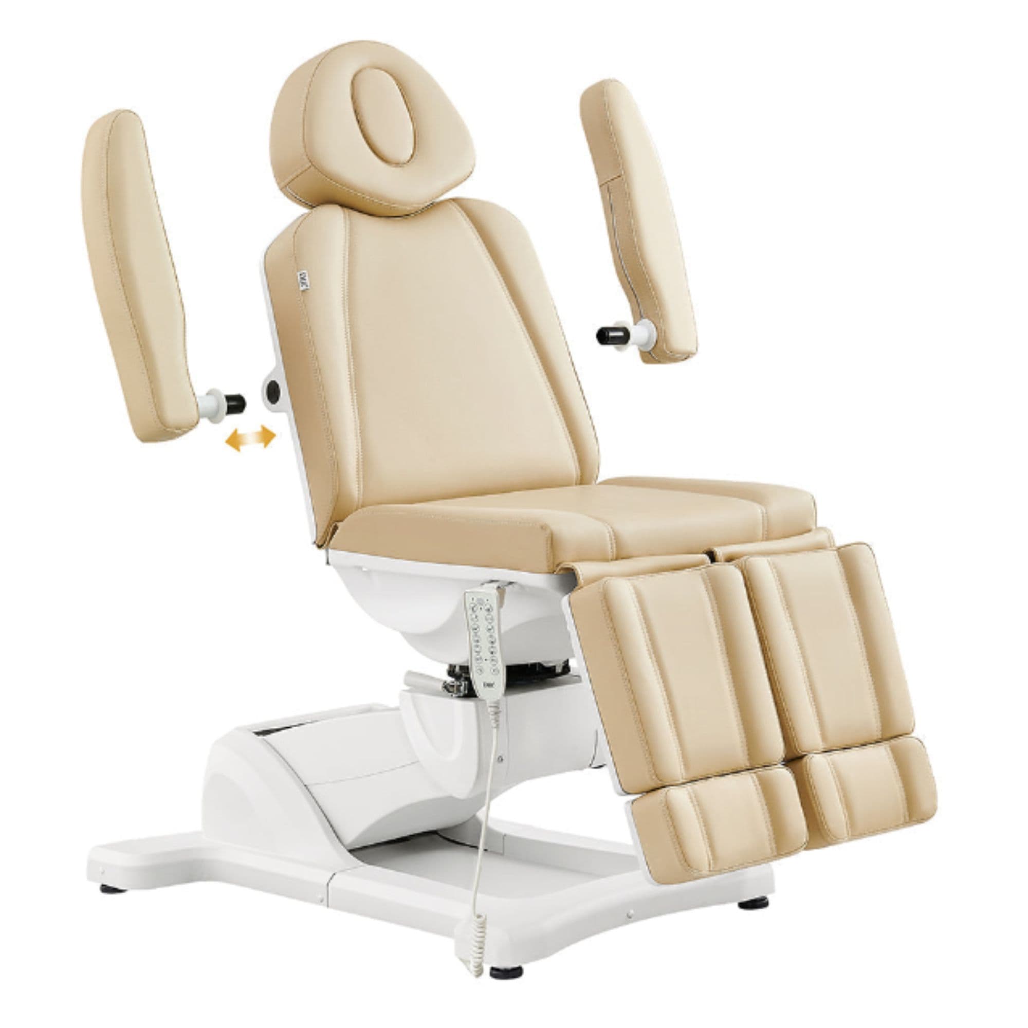 DIR Libra 5-Motor Procedure Chair with Split Legs Beige Angled View Demonstrating Detachable Armrest On White Background