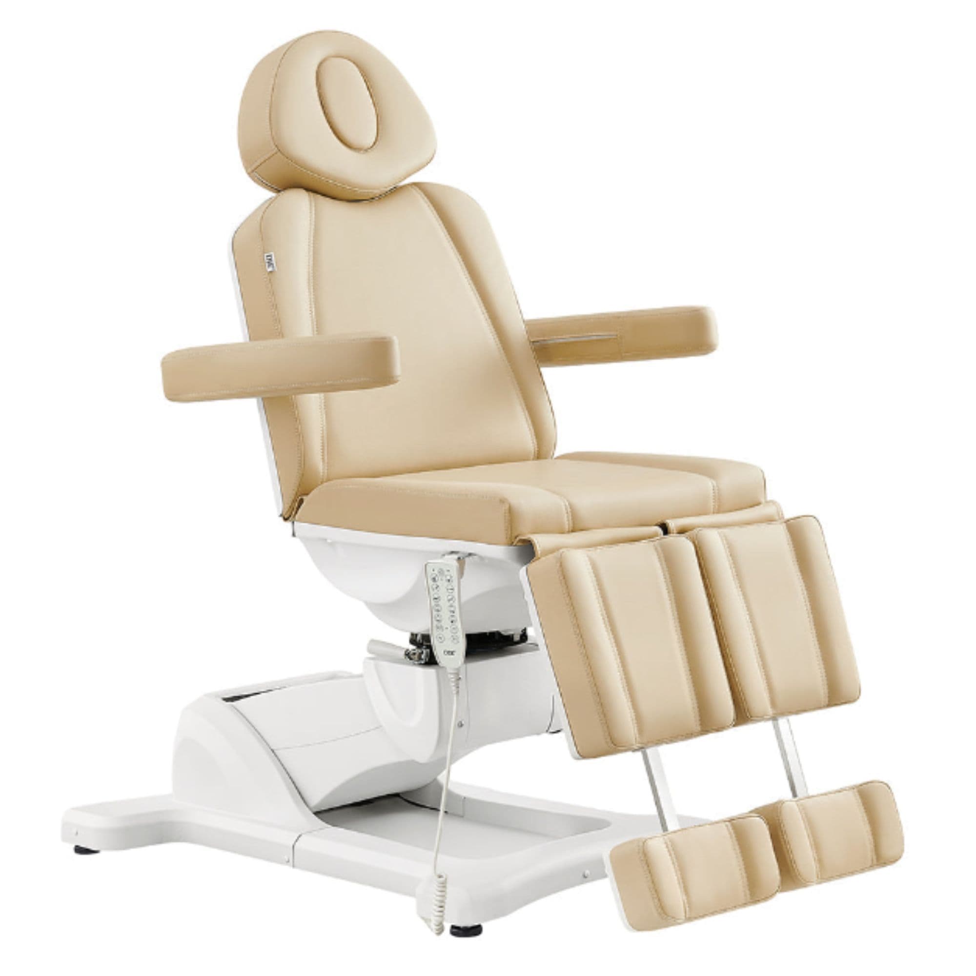 DIR Libra 5-Motor Procedure Chair with Split Legs Beige Front Angled View Demonstrating The Leg Rest Height Adjustment On White Background