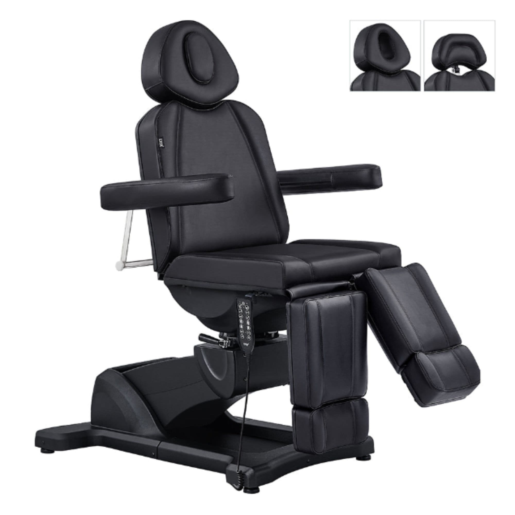 DIR Libra 5-Motors Electric Medical Procedure Chair Black Front Angled With Removable Face Cushion And Semi Extended Left Leg Rest On White Background