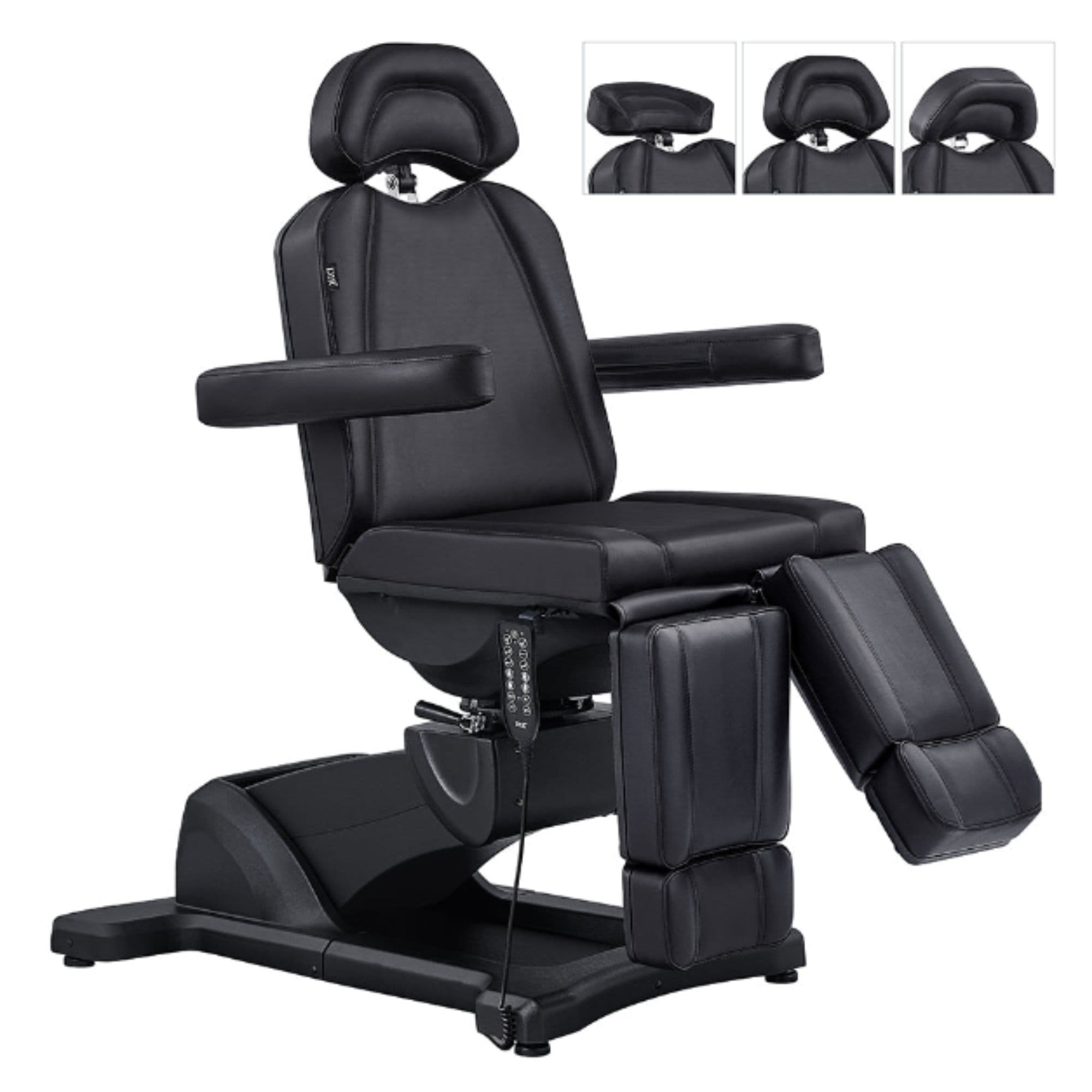 DIR Libra 5-Motors Electric Medical Procedure Chair Black Front Angled With Removable Face Cushion Demonstrating Different Positions And Semi Extended Left Leg Rest On White Background