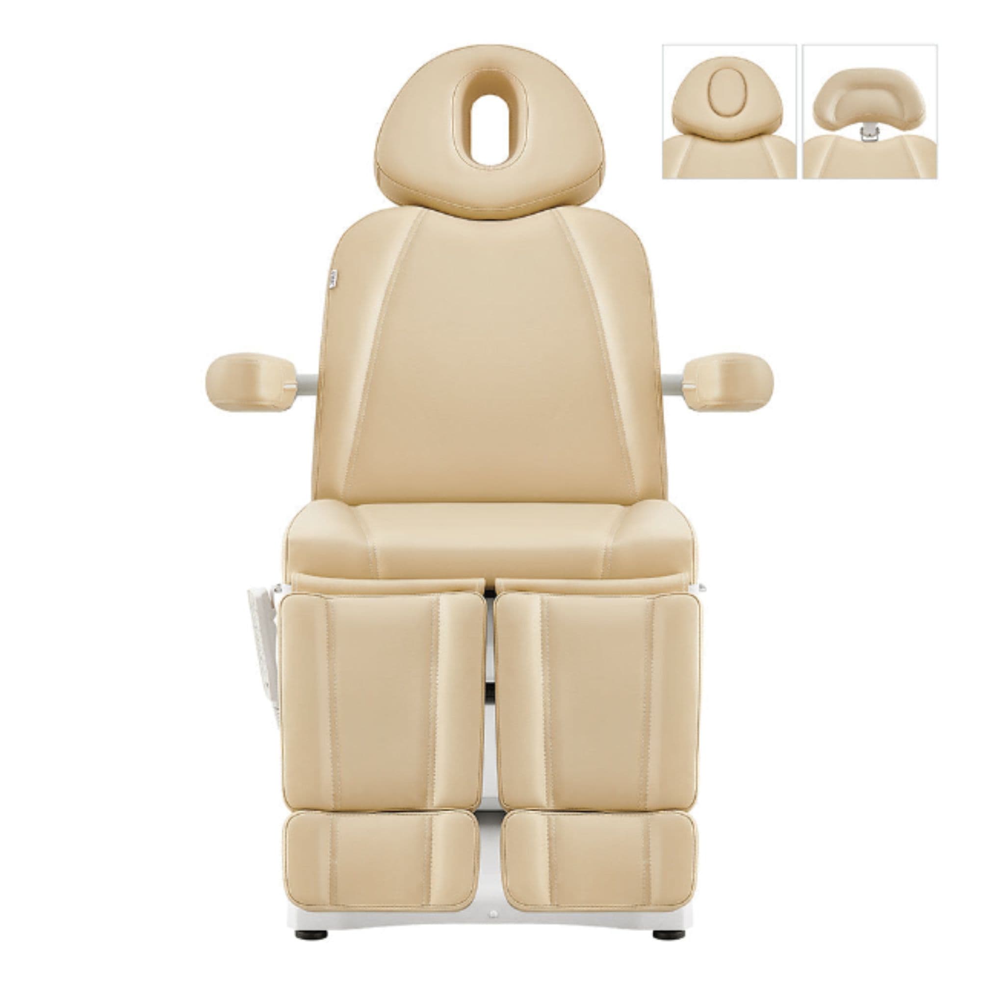 DIR Libra 5-Motors Electric Medical Procedure Chair with Split Legs Beige Front View Showing Multiple Headrest Option On White Background
