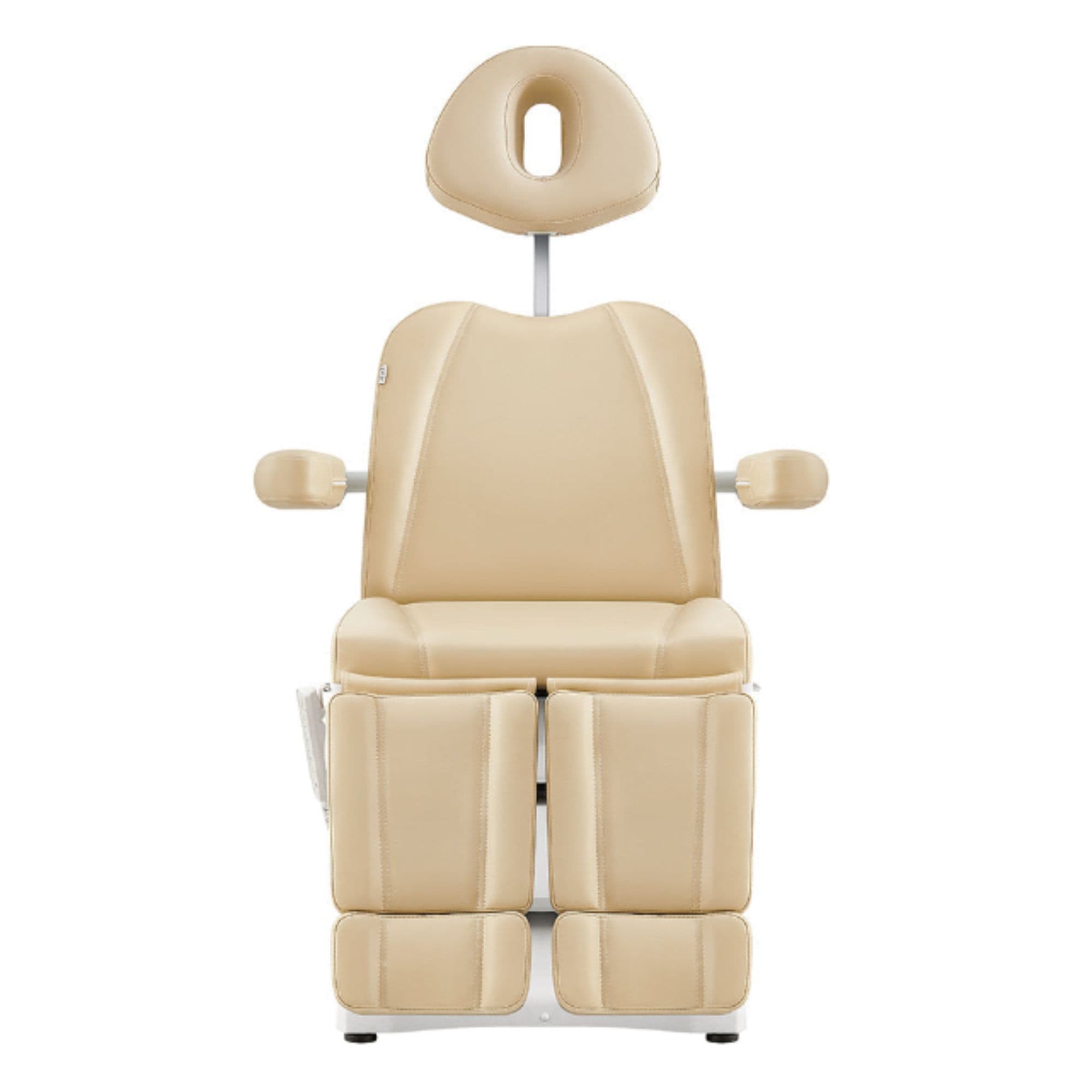 DIR Libra 5-Motors Electric Medical Procedure Chair with Split Legs Beige Front View Showing Pulled-up Headrest On White Background